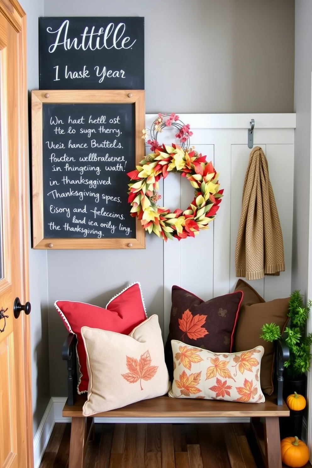 A charming chalkboard welcomes guests at the entrance, framed in rustic wood for a cozy touch. The board features handwritten messages and seasonal decorations, creating a warm and inviting atmosphere. In the mudroom, a festive Thanksgiving theme is brought to life with autumnal decorations. Plush cushions in rich colors and a decorative bench make the space both functional and welcoming for family and friends.