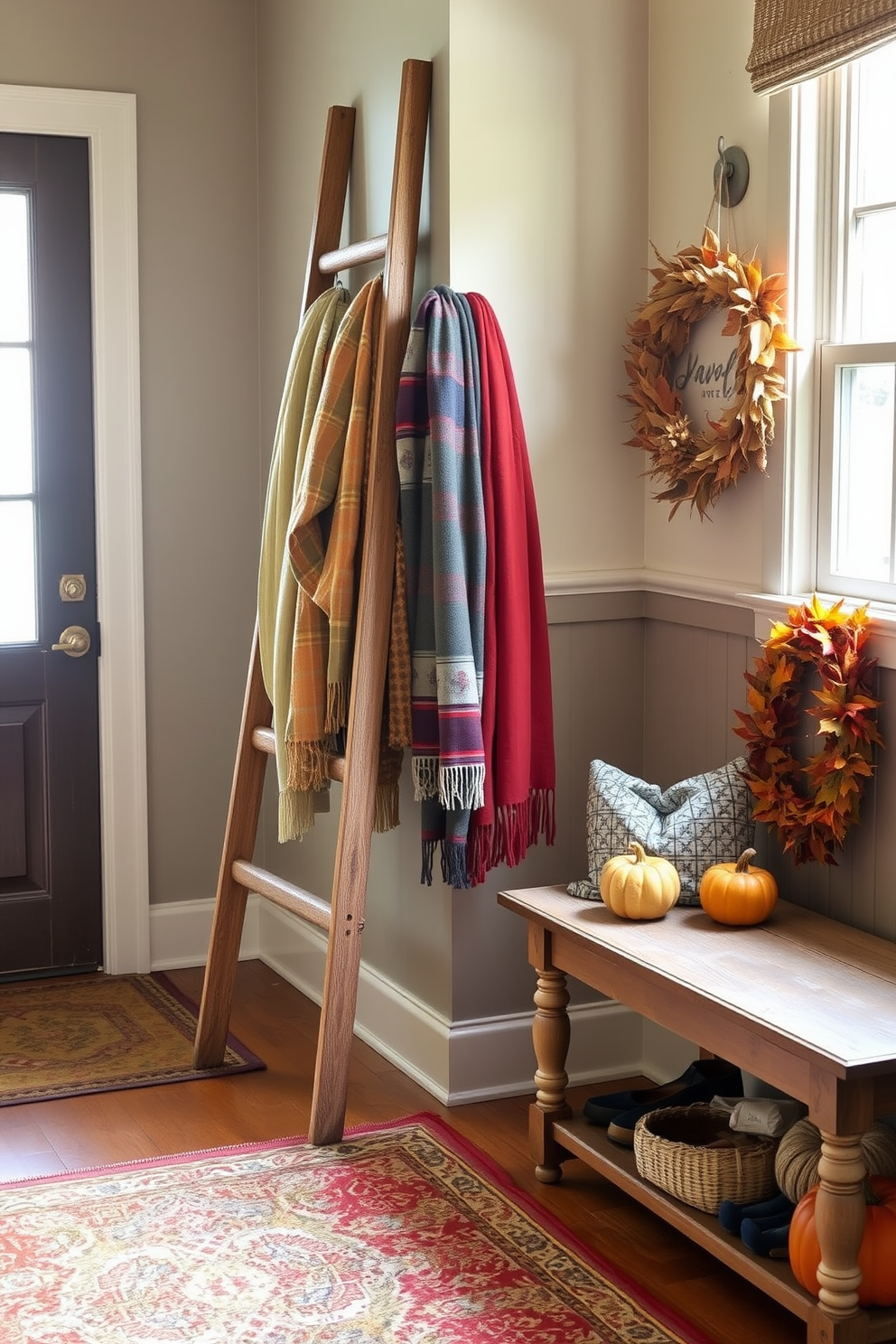 A vintage wooden ladder leans against a wall in a cozy mudroom, adorned with an array of colorful scarves draped elegantly over the rungs. The floor is covered with a warm, patterned rug, and a small bench sits nearby, inviting guests to sit and remove their shoes. For Thanksgiving, the mudroom is decorated with autumn-themed accents, including a wreath made of dried leaves and small pumpkins placed on the bench. Soft lighting from a nearby window casts a warm glow on the space, enhancing the inviting atmosphere.