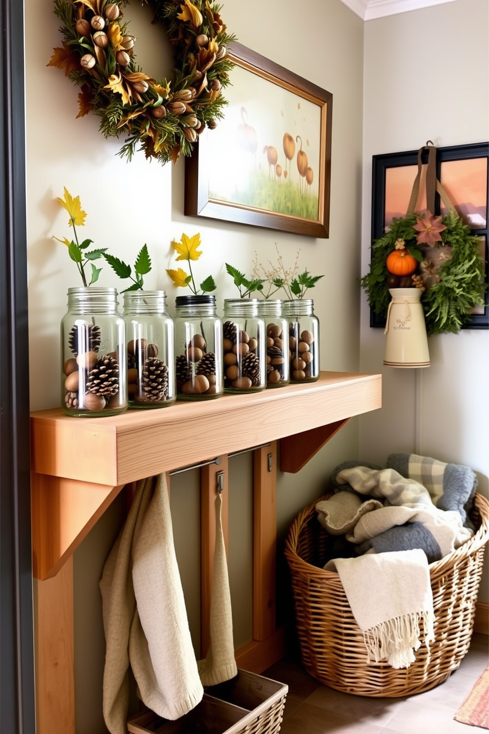 A cozy mudroom decorated for Thanksgiving features mason jars filled with pinecones and acorns arranged on a rustic wooden shelf. The walls are adorned with autumn-themed artwork and a woven basket filled with blankets sits in the corner, inviting warmth and comfort.