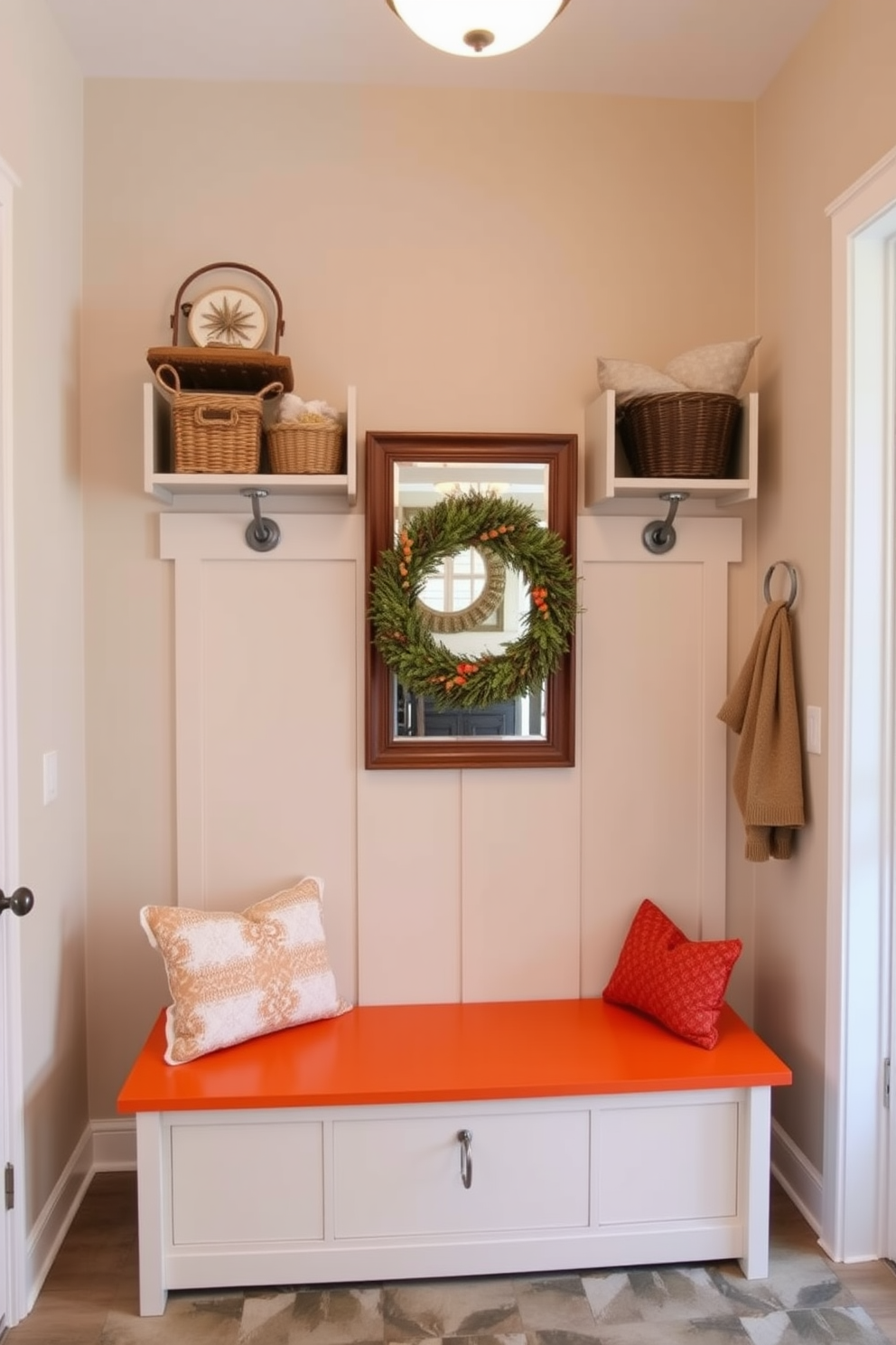 A cozy mudroom featuring a neutral color palette with pops of orange. The walls are painted in a soft beige, while a vibrant orange bench invites guests to sit and remove their shoes. Shelves above the bench hold decorative baskets and seasonal decor, adding warmth and personality. A large mirror with an ornate wooden frame hangs above a small console table, reflecting the cheerful atmosphere.