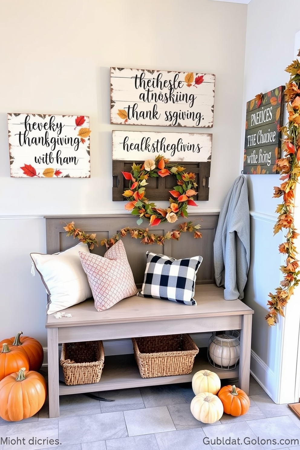 Cute signs with Thanksgiving quotes. Charming wooden signs adorned with festive lettering and autumn-themed decorations hang on the walls, creating a warm and inviting atmosphere. Thanksgiving Mudroom Decorating Ideas. The mudroom features a cozy bench with plush cushions, surrounded by seasonal decor like pumpkins and garlands, making it both functional and festive.