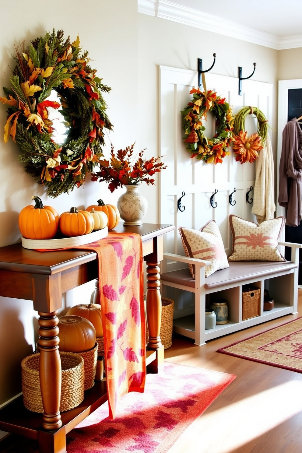 A warm and inviting console table adorned with an autumn-themed table runner featuring rich oranges and deep reds. On the table, there are decorative pumpkins and a rustic candle arrangement, creating a cozy focal point for the entryway. The mudroom is beautifully decorated for Thanksgiving with a mix of seasonal wreaths and colorful leaves. A bench with plush cushions complements the space, while hooks display cozy scarves and hats, adding a functional yet festive touch.