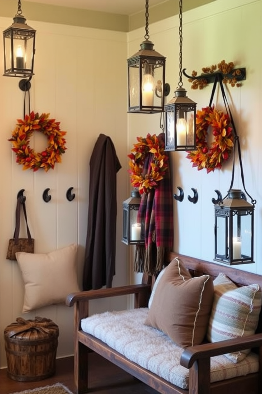 A cozy mudroom adorned for Thanksgiving features a rustic wooden bench with plush cushions. On the walls, seasonal wreaths made of autumn leaves and berries hang alongside hooks for coats and scarves. Hanging lanterns provide soft, ambient lighting that enhances the warm atmosphere. These lanterns are crafted from aged metal with glass panels, casting a gentle glow that complements the earthy tones of the decor.