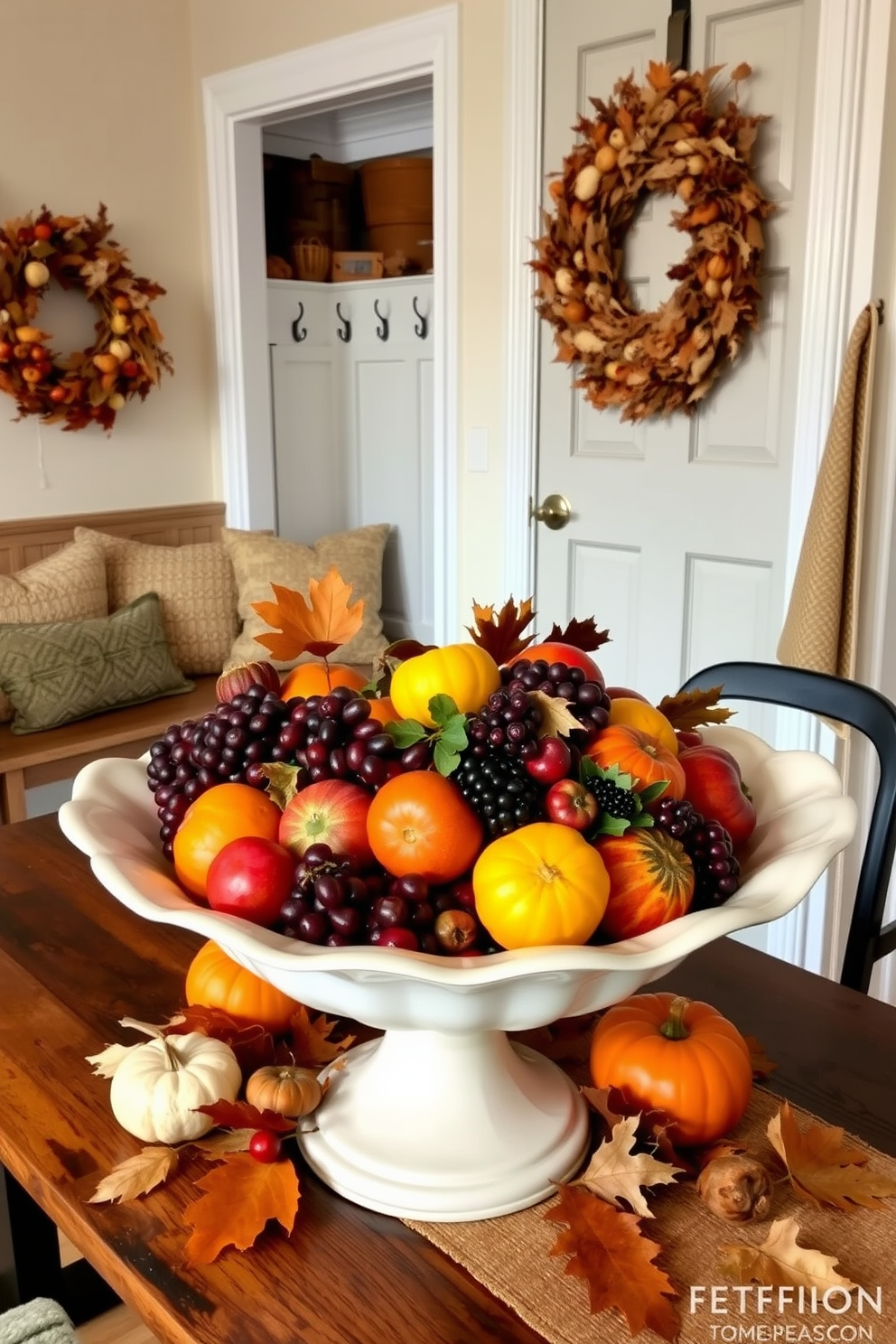 A vibrant display of seasonal fruits in a large, elegant bowl. The bowl is placed on a rustic wooden table, surrounded by autumn leaves and small pumpkins. A cozy mudroom decorated for Thanksgiving. The space features a bench with plush cushions, hooks for coats, and a wreath made of dried leaves and berries hanging on the door.