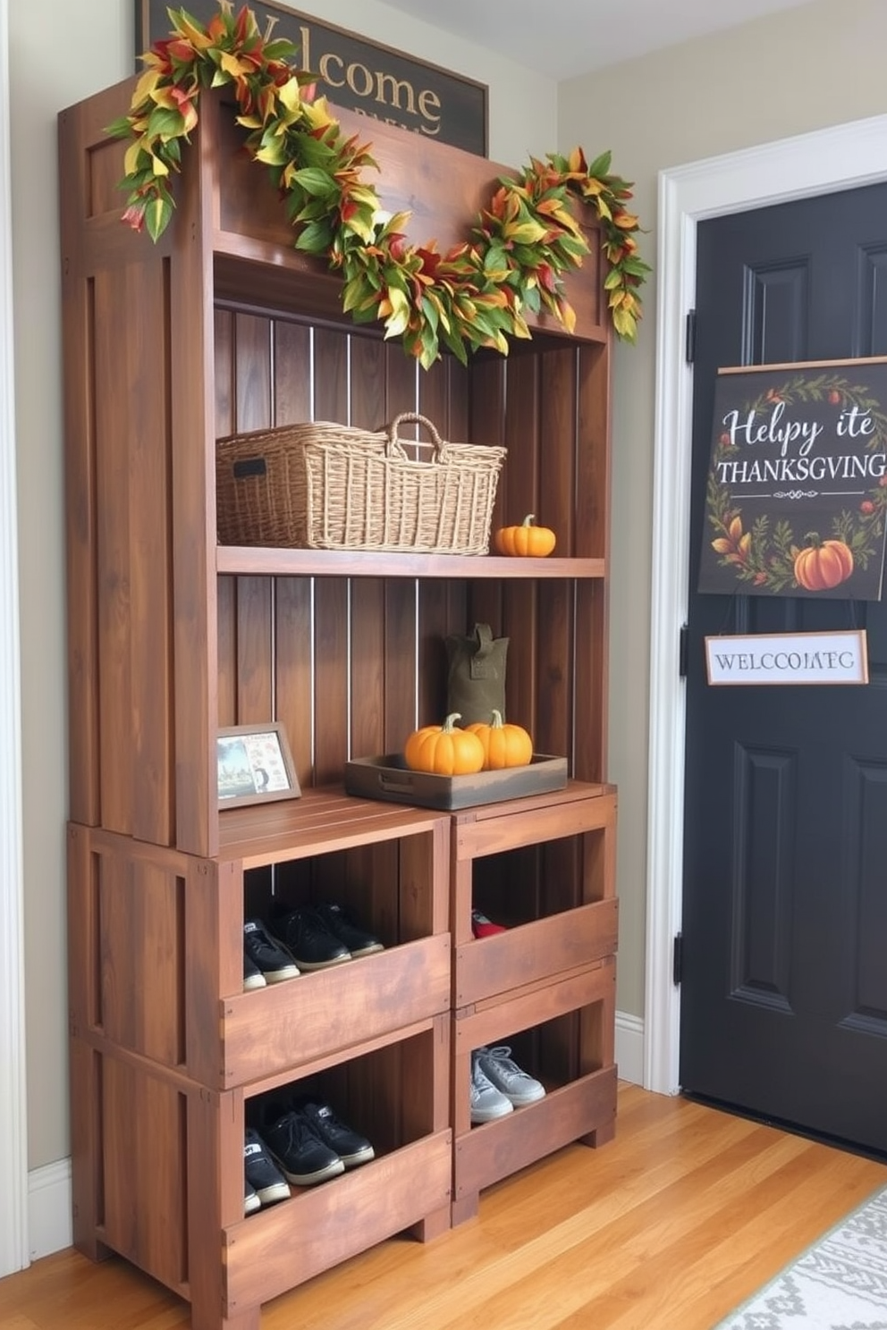 Wooden crates are arranged neatly in a cozy mudroom, serving as organized storage solutions for shoes and outdoor gear. The crates are stained a warm brown, complementing the rustic charm of the space, while a woven basket sits atop one for additional storage. For Thanksgiving, the mudroom is adorned with seasonal decorations, including a garland of autumn leaves and small pumpkins placed on the shelves. A welcoming sign hangs by the door, inviting guests to enjoy the festive atmosphere as they enter.