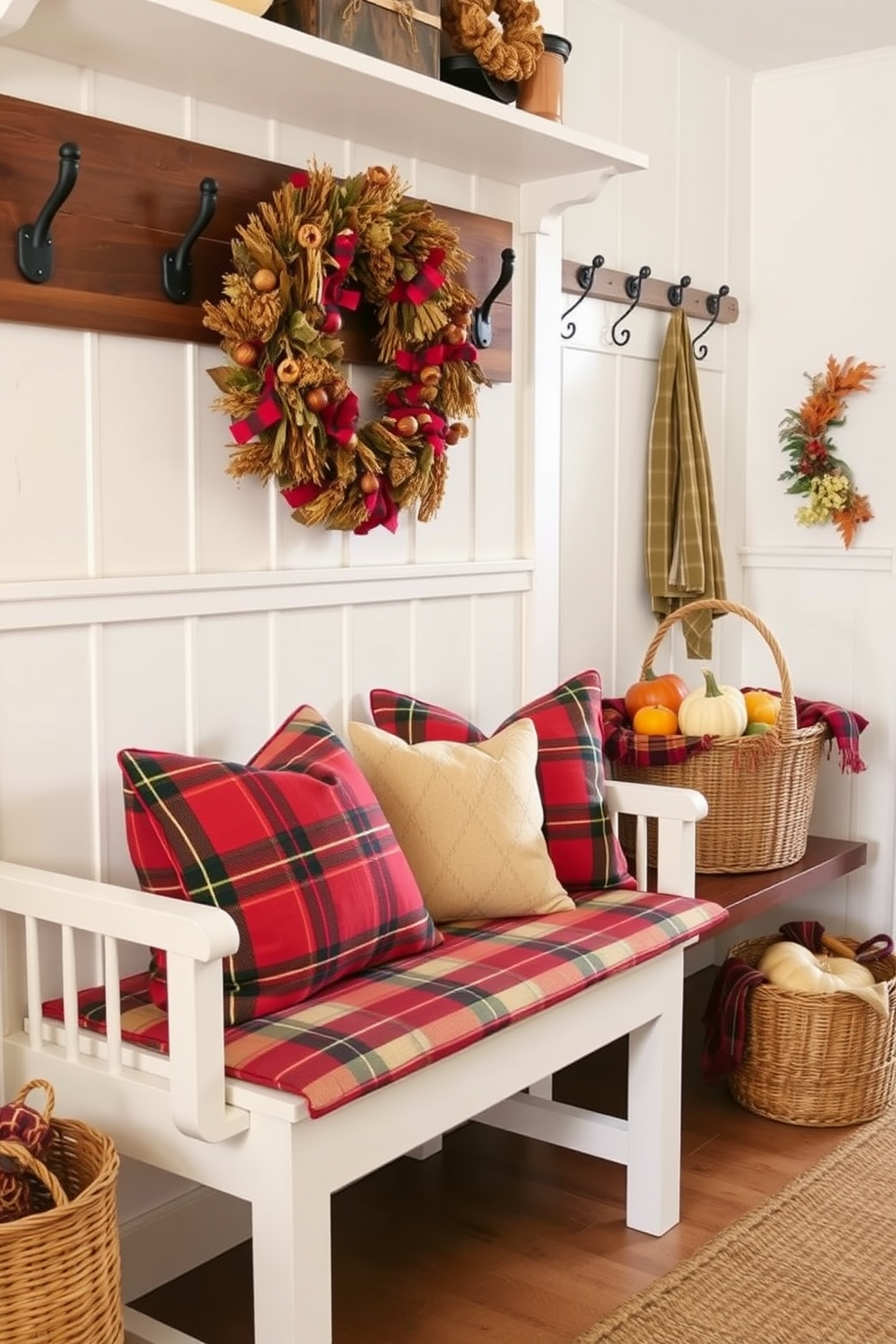 Cozy plaid bench cushions for seating. The cushions are adorned with rich red and green tones, providing warmth and comfort to the bench. Thanksgiving mudroom decorating ideas. The space features rustic elements like wooden hooks, seasonal wreaths, and a basket filled with pumpkins and gourds.