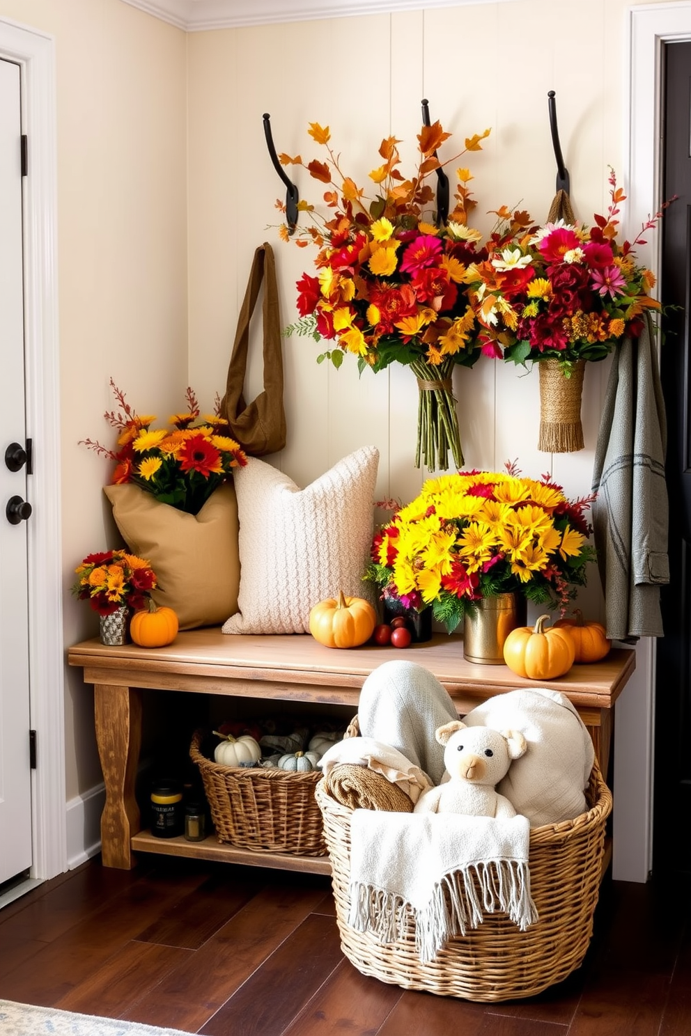 A cozy mudroom adorned with floral arrangements featuring vibrant fall blooms. The space includes a rustic bench with plush cushions, surrounded by pumpkins and colorful leaves, creating a warm and inviting atmosphere. The walls are painted in a soft cream color, complemented by wooden hooks for hanging coats and bags. A woven basket sits on the floor, filled with cozy blankets and seasonal decorations, adding to the festive charm.