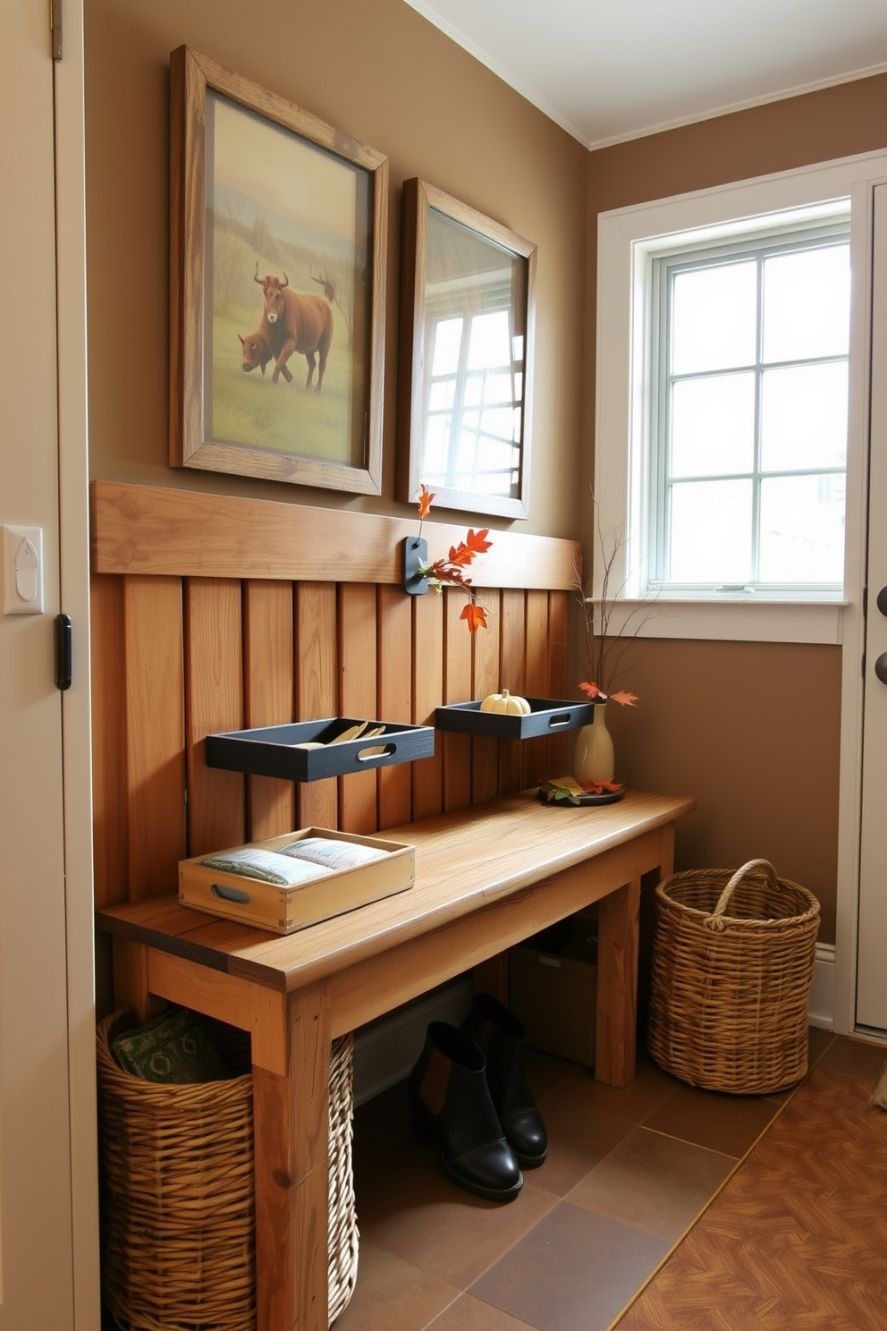 A cozy mudroom features a rustic wooden bench adorned with decorative trays for keys and mail. The walls are painted in a warm taupe, and a large window allows natural light to illuminate the space. Seasonal decorations for Thanksgiving are thoughtfully arranged on the bench, including small pumpkins and autumn leaves. A woven basket sits nearby, providing storage for shoes and outdoor gear, enhancing the welcoming atmosphere.