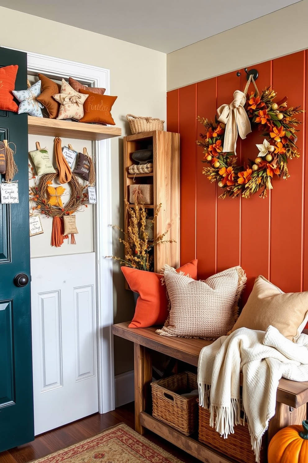 A collection of beautifully arranged scented sachets in various colors and textures is displayed on a rustic wooden shelf. The sachets are made from natural fabrics and filled with lavender, cedar, and other fragrant herbs, creating a warm and inviting atmosphere. A cozy mudroom is decorated for Thanksgiving with a rich color palette of deep oranges and warm browns. A harvest-themed wreath hangs on the door, while a bench is adorned with plush cushions and a soft throw, inviting guests to relax and enjoy the seasonal decor.