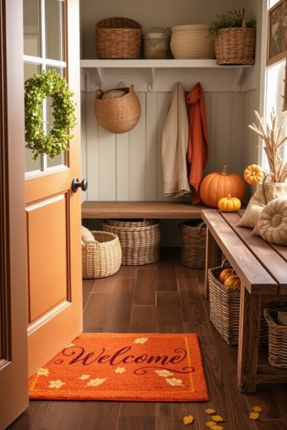 A cozy autumn-themed doormat welcomes guests with warm colors and festive designs. The mat features a rich orange background adorned with intricate leaf patterns and a cheerful 