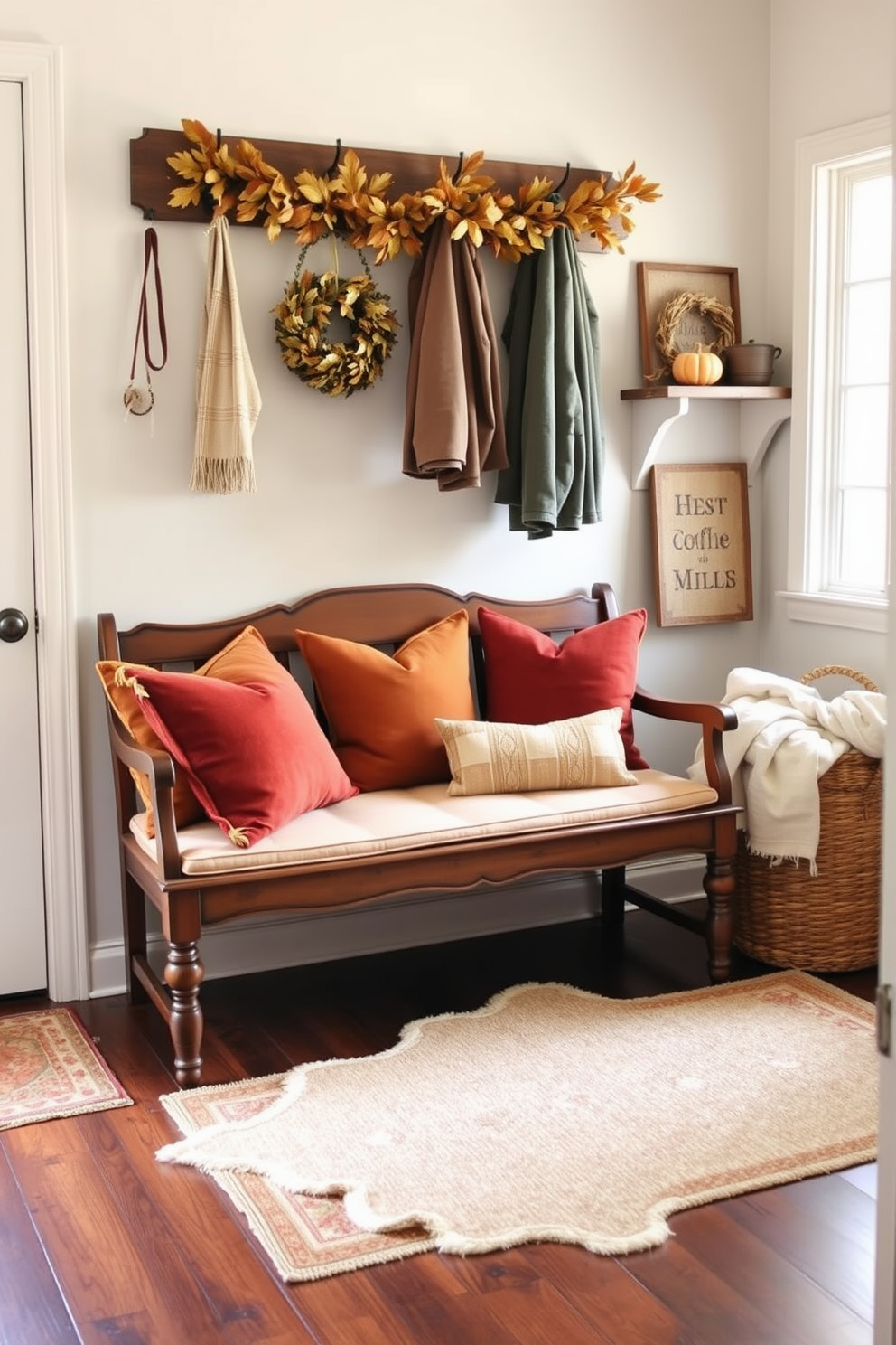 A vintage wooden bench is positioned against the wall, adorned with plush cushions in warm autumn colors. The floor is covered with a cozy area rug, and hooks above the bench hold seasonal decorations and jackets. The mudroom features a welcoming display of Thanksgiving-themed decor, including a garland of dried leaves and small pumpkins on a nearby shelf. A large basket filled with blankets sits beside the bench, inviting guests to relax and enjoy the festive atmosphere.