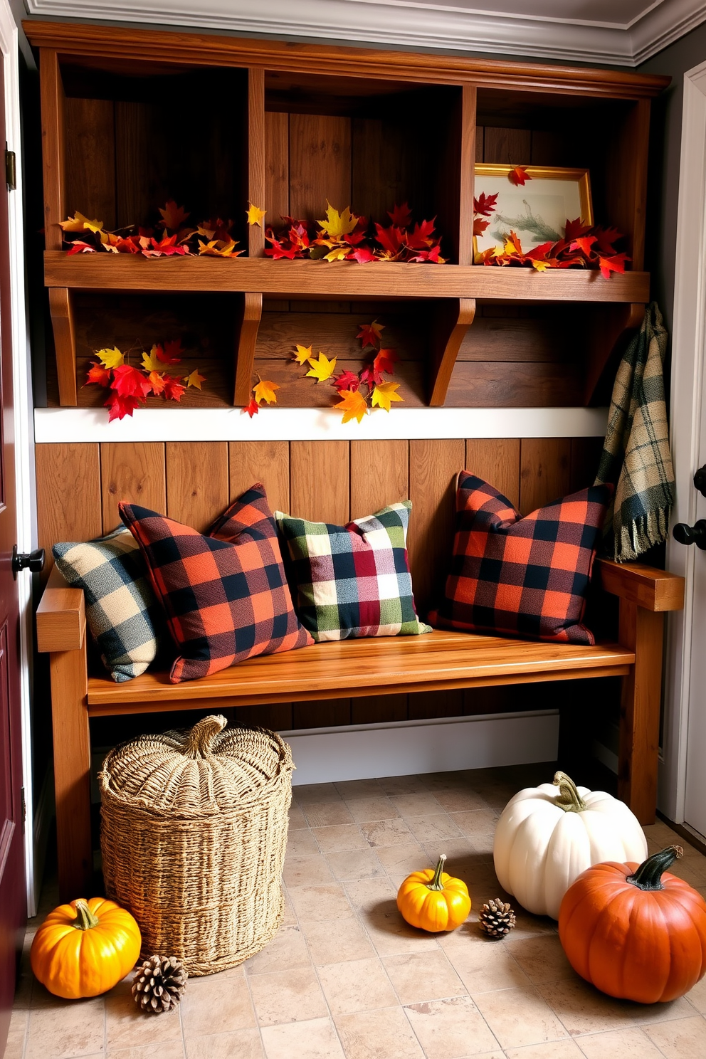 A cozy mudroom decorated for Thanksgiving. Colorful leaves are scattered on wooden shelves, adding a festive touch to the space. A rustic bench sits against the wall, adorned with plaid cushions. Seasonal decorations, including small pumpkins and pinecones, are arranged on the floor to enhance the warm atmosphere.