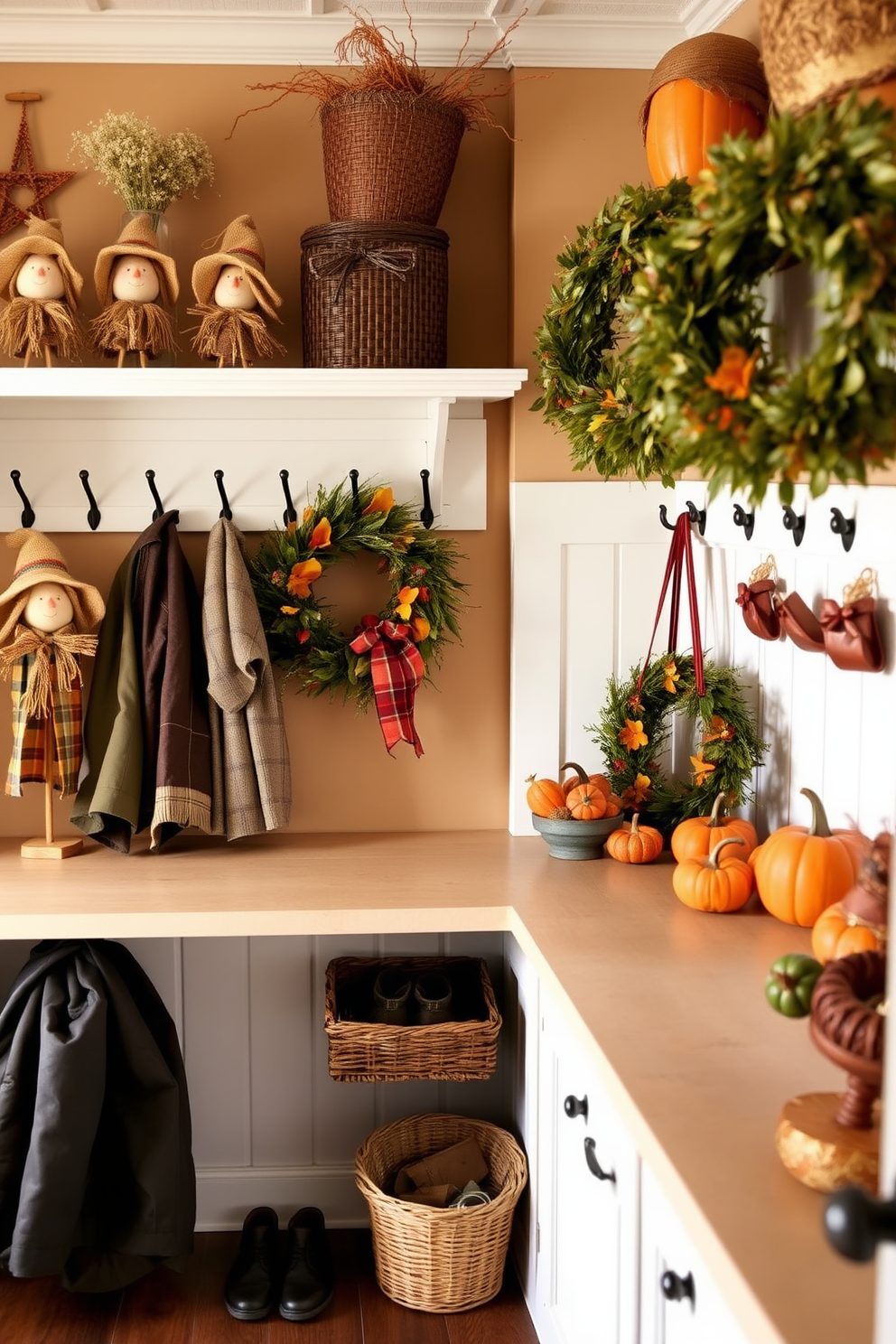 Miniature scarecrows are placed on the shelves and countertops, adding a whimsical touch to the space. They are crafted from natural materials, with burlap hats and colorful fabrics, creating a charming autumn atmosphere. The mudroom features a warm color palette with rich browns and deep oranges, complemented by seasonal decorations. Cozy hooks for jackets and baskets for shoes are arranged alongside festive wreaths and pumpkins, inviting guests into a welcoming holiday entryway.