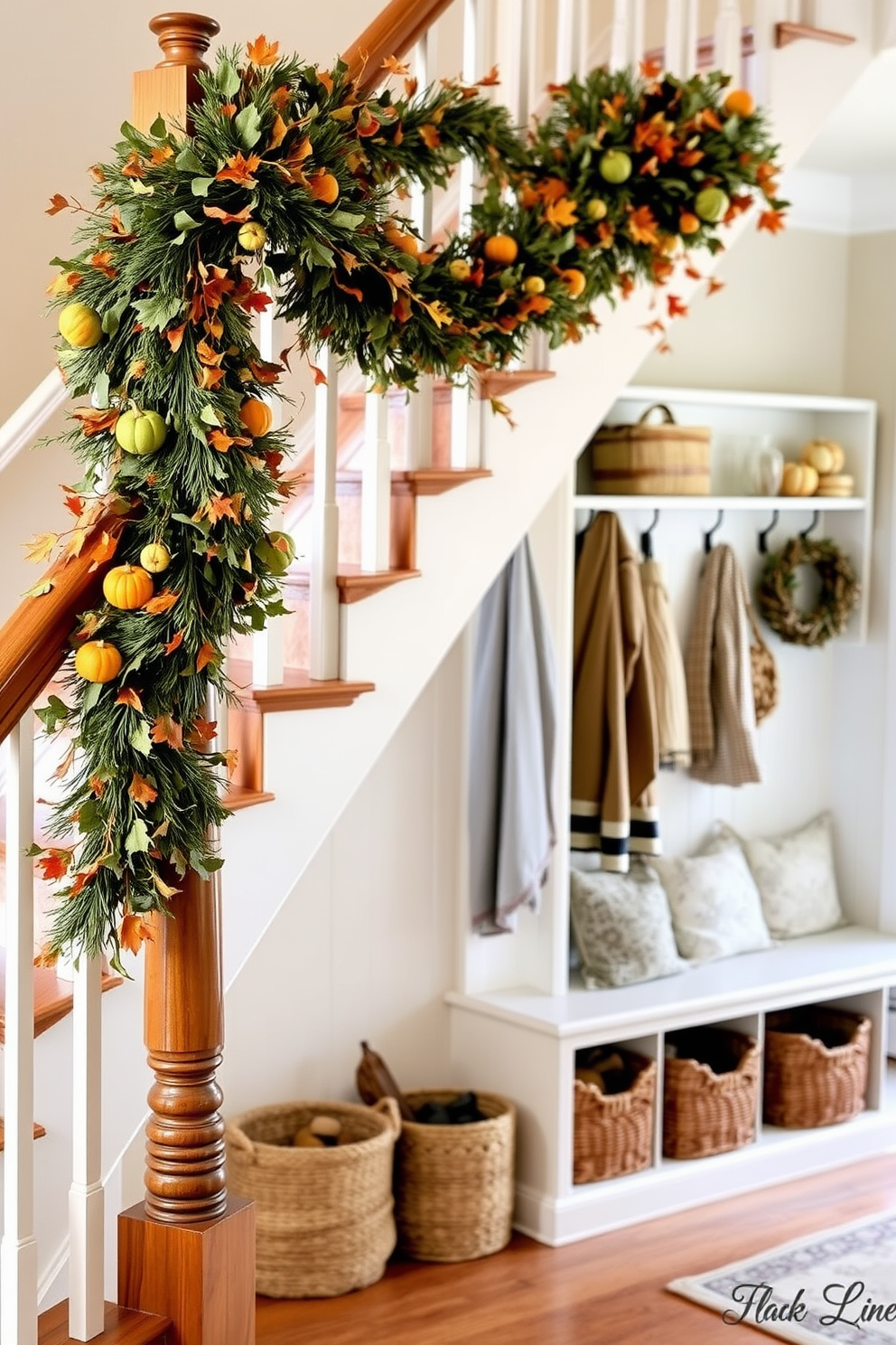 A beautiful seasonal garland drapes elegantly over the stair railing, adorned with autumn leaves and small pumpkins. The warm colors of the garland complement the rich wood of the railing, creating a welcoming atmosphere for guests. In the mudroom, a cozy and functional design features hooks for hanging coats and a bench with storage underneath. Decorative elements like woven baskets and seasonal decor enhance the space, making it both practical and inviting for the Thanksgiving season.