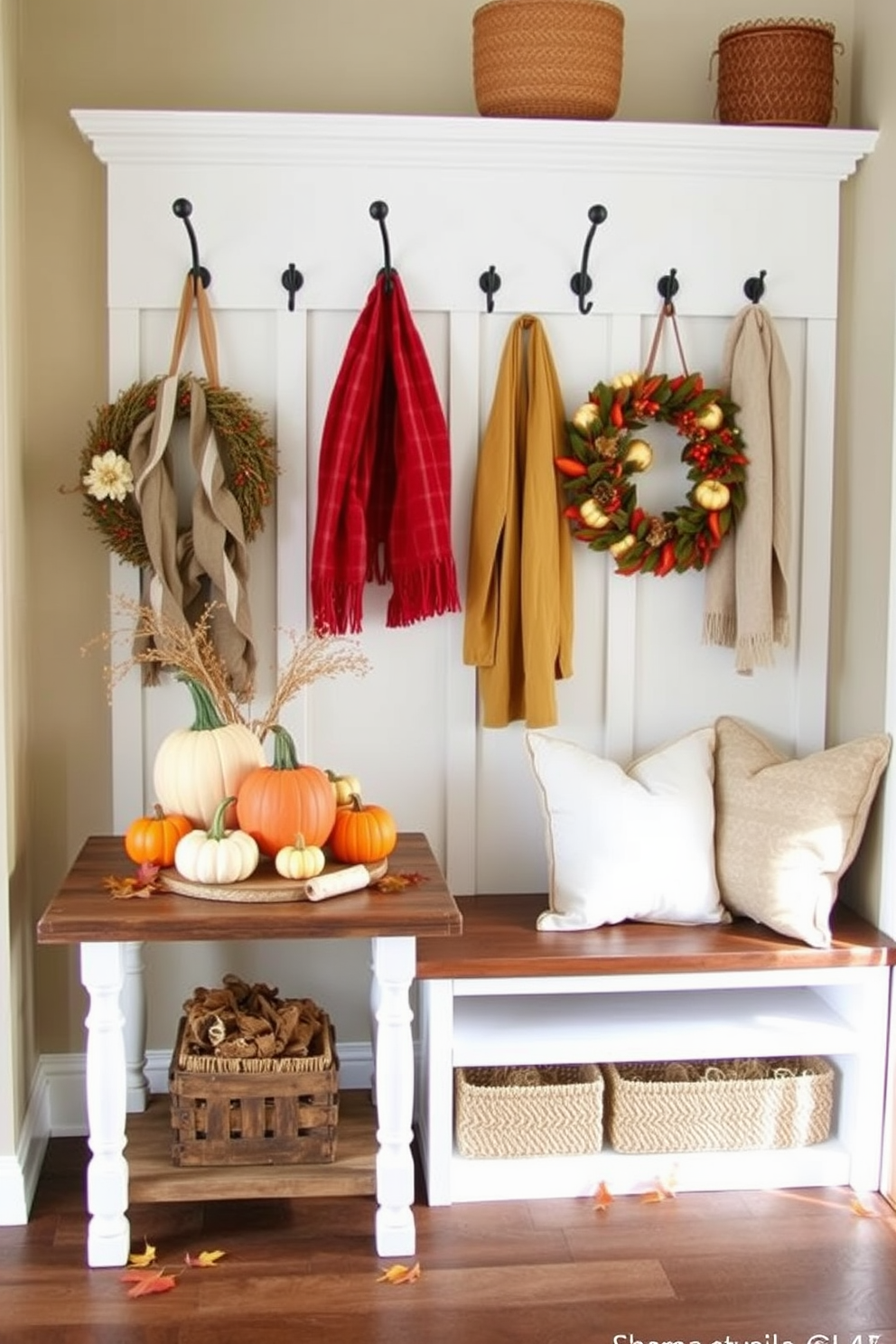 A charming entryway table adorned with pumpkin decor creates a warm and inviting atmosphere. The table features a rustic wooden surface with a variety of pumpkins in different sizes and colors, complemented by a few autumn leaves scattered around. The mudroom is decorated for Thanksgiving with a cozy and functional design. A bench with plush cushions is placed against the wall, while hooks above it hold seasonal wreaths and scarves, creating a festive yet practical space.