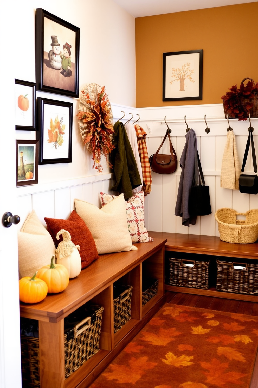 A cozy mudroom adorned with fall-themed artwork and prints on the walls. The space features a wooden bench with plush cushions and a collection of seasonal decorations, including pumpkins and autumn leaves. A functional storage area with hooks for coats and baskets for shoes. The walls are painted in warm earth tones, and a rug with a leaf pattern adds to the inviting atmosphere.