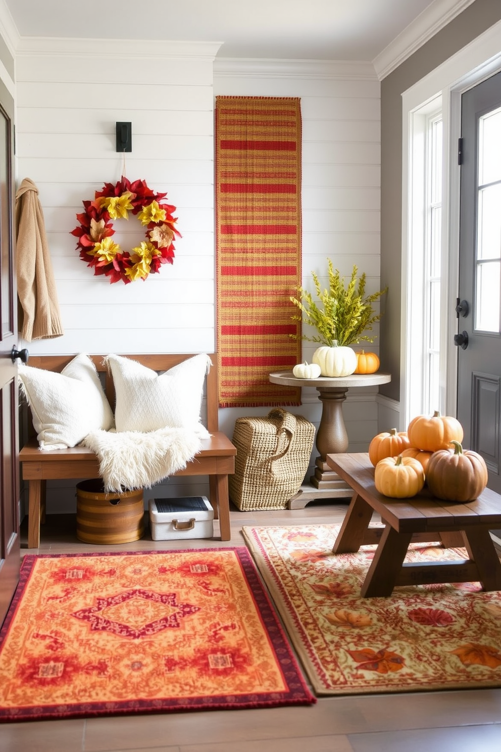 A cozy mudroom decorated for Thanksgiving features layered rugs in warm autumn colors. The space includes a wooden bench with plush cushions and a collection of pumpkins arranged on a rustic table.