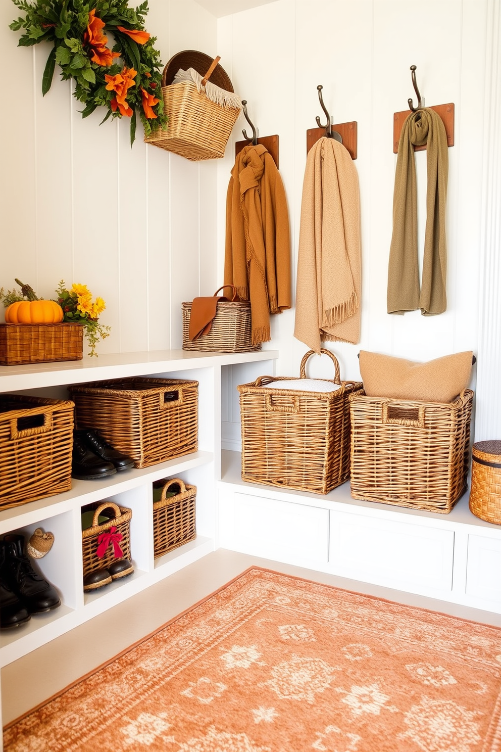 A cozy mudroom designed for Thanksgiving celebrations. Decorative baskets in warm autumn colors are neatly arranged for shoe storage, adding a touch of seasonal charm to the space. The walls are adorned with rustic wooden hooks for hanging coats and scarves. A soft, textured rug in earthy tones lies on the floor, inviting guests to step inside and enjoy the festive atmosphere.