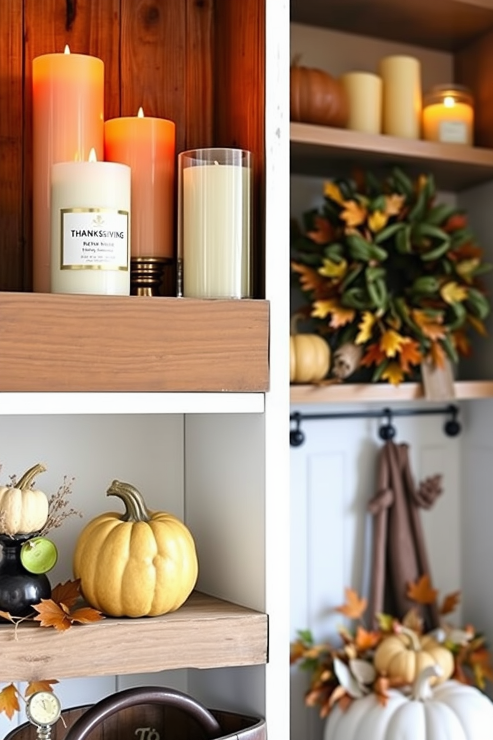 Candles in autumn scents are elegantly arranged on rustic wooden shelves. The warm glow of the candles complements the rich hues of the surrounding decor, creating a cozy and inviting atmosphere. For Thanksgiving, the mudroom is adorned with seasonal decorations that reflect the spirit of gratitude. A combination of pumpkins, gourds, and autumn leaves enhances the space, making it a warm welcome for guests.