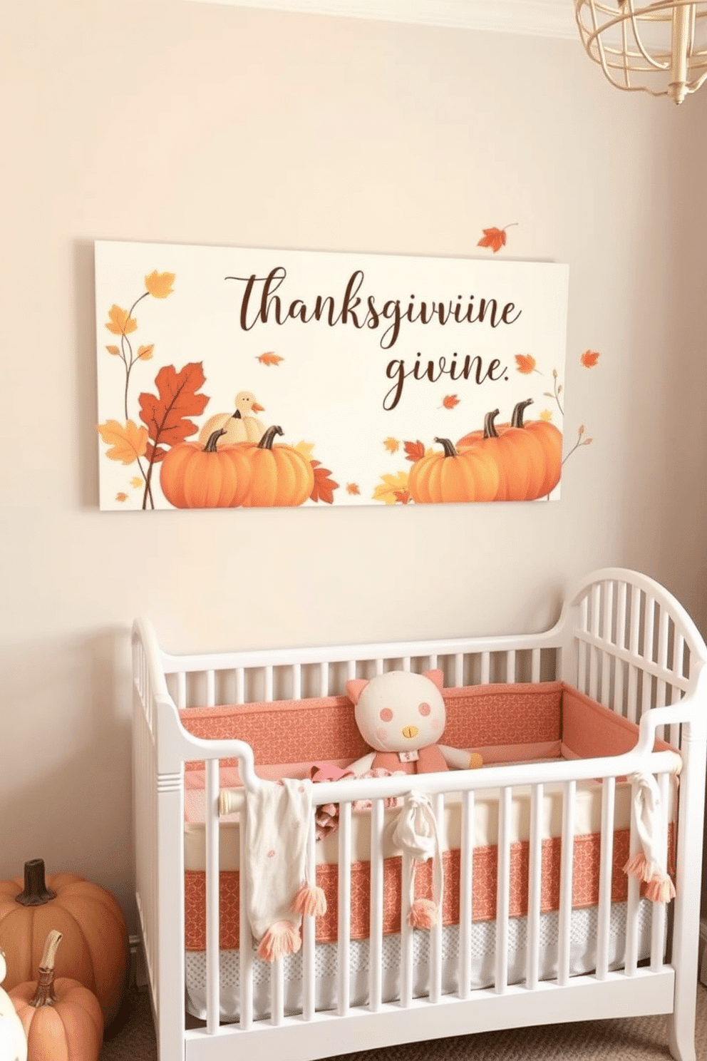 Thanksgiving themed wall art features a cozy autumn scene with pumpkins, fall leaves, and warm colors. The nursery is decorated with soft pastel tones, incorporating playful elements like turkeys and acorns to create a festive yet gentle atmosphere.