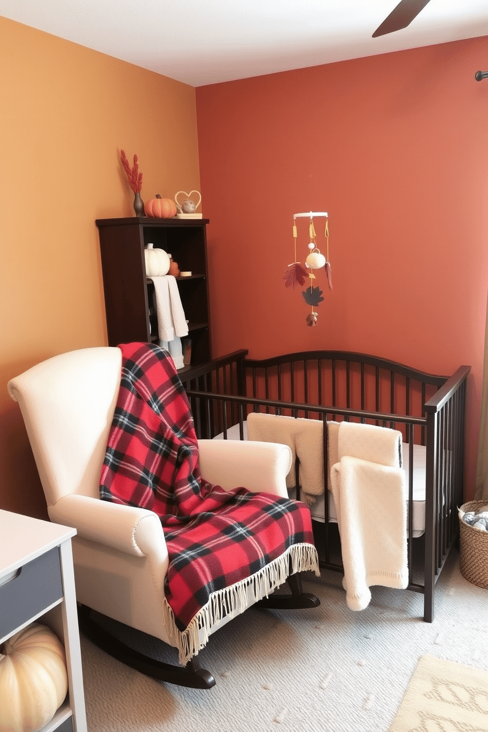 A cozy nursery decorated for Thanksgiving features soft plaid blankets draped over a plush rocking chair. The walls are painted in warm earthy tones, and a whimsical mobile hangs above a crib adorned with seasonal decorations.