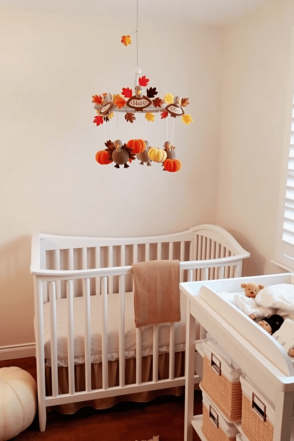 A whimsical Thanksgiving-themed mobile hangs above a cozy crib, adorned with plush turkeys, pumpkins, and autumn leaves. Soft pastel colors create a warm and inviting atmosphere, perfect for a nursery celebrating the season. The walls are painted in a gentle cream hue, complemented by a rich, earthy-toned rug that adds texture to the space. A changing table nearby features decorative storage baskets filled with baby essentials, enhancing the festive yet functional design.