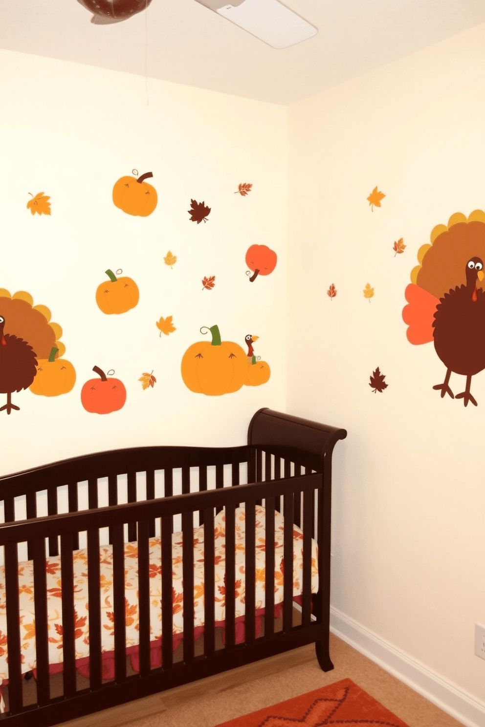 Create a cozy Thanksgiving nursery with fall-inspired wall decals featuring pumpkins, leaves, and turkeys. The walls are painted in a soft cream color, and the decals add warmth and a playful touch to the space.