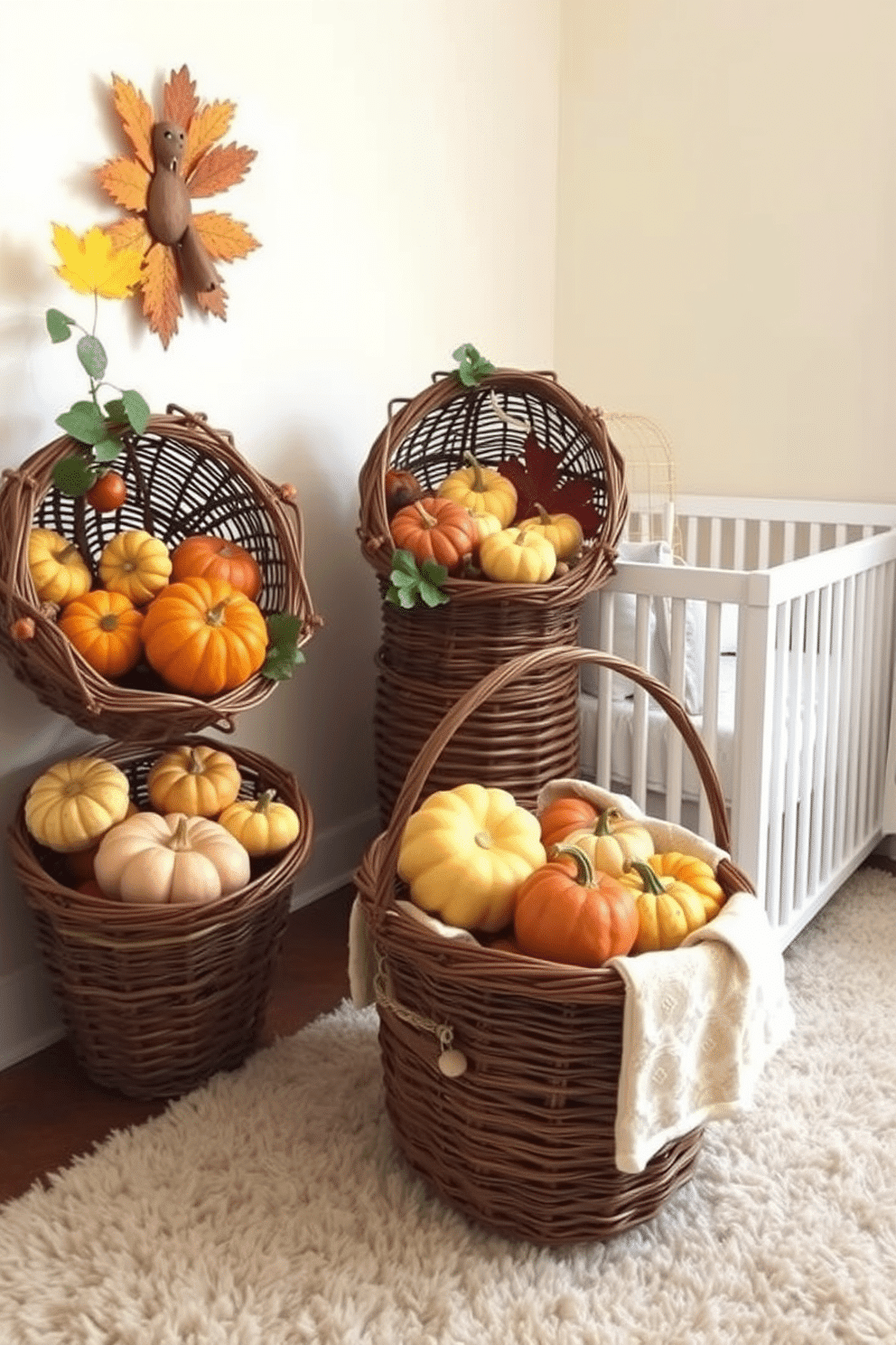 A cozy nursery decorated for Thanksgiving features decorative baskets filled with colorful gourds in various sizes. The walls are painted in soft pastel shades, and a plush area rug adds warmth to the space.