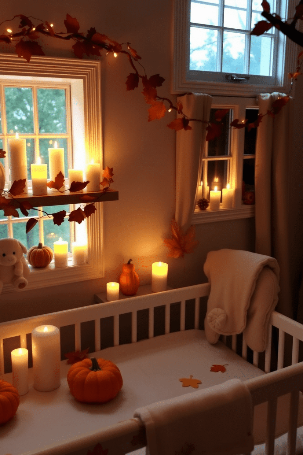 Candlelight ambiance fills the nursery with a warm and inviting glow. Soft LED candles are strategically placed on shelves and window sills, creating a cozy atmosphere for Thanksgiving celebrations. The room is adorned with autumn-themed decorations, including small pumpkins and garlands of leaves. Plush toys and gentle pastel colors add a playful touch, making the space perfect for a nurturing environment.