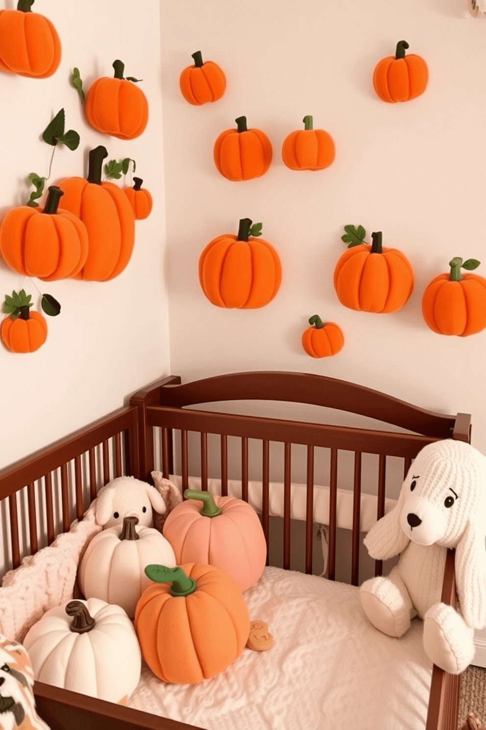 Felt pumpkin decorations adorn the walls in a cozy nursery, creating a warm and inviting atmosphere for Thanksgiving. Soft, pastel colors complement the felt pumpkins, while plush toys and gentle lighting enhance the festive yet serene environment.