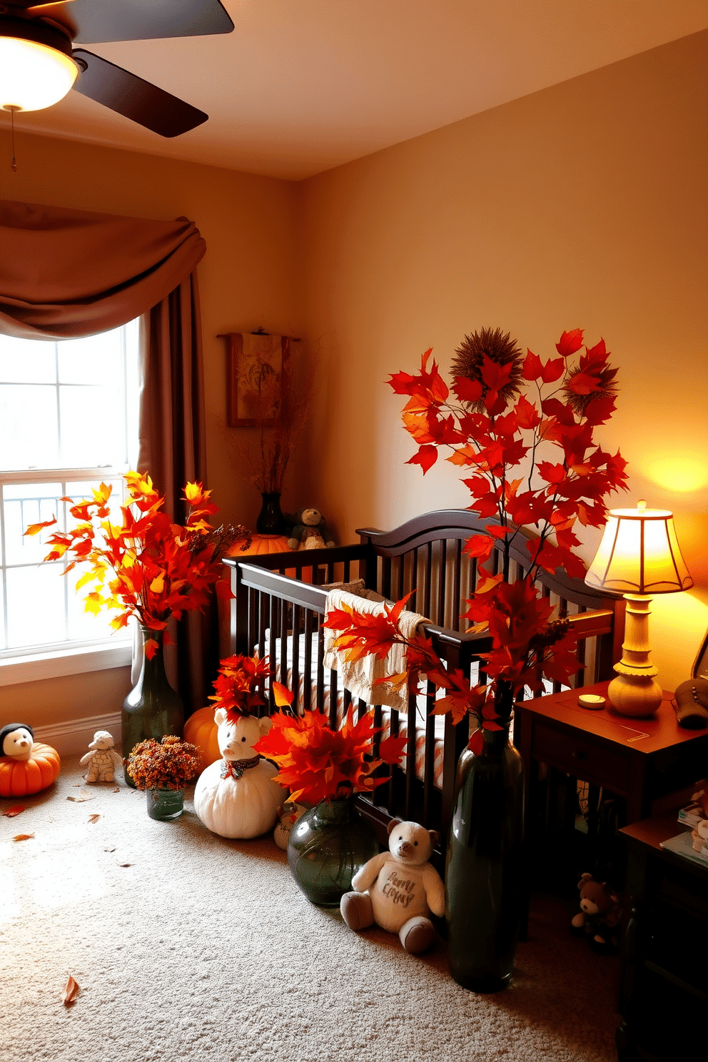 A cozy nursery decorated for Thanksgiving features colorful autumn leaves arranged in various vases scattered throughout the room. Soft, warm lighting creates an inviting atmosphere, while plush toys and seasonal decorations add a festive touch.