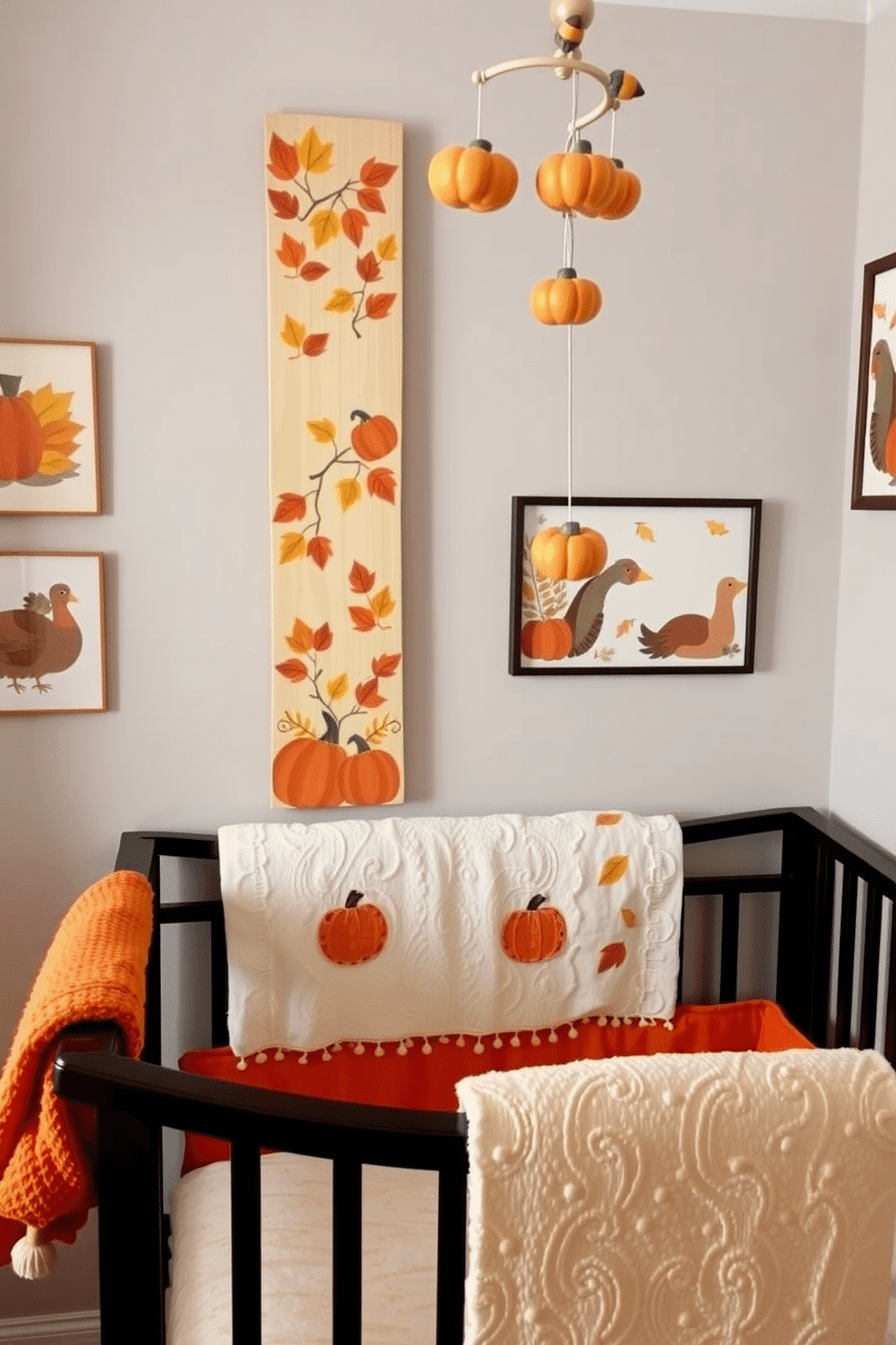 Thanksgiving-themed growth chart decor featuring a wooden chart with hand-painted autumn leaves and pumpkins. The chart is adorned with a warm color palette of oranges, browns, and yellows, creating a cozy and festive atmosphere. Thanksgiving nursery decorating ideas include soft, plush textiles in fall colors and themed wall art showcasing turkeys and harvest scenes. A mobile with miniature pumpkins and acorns hangs above the crib, enhancing the seasonal charm of the nursery.