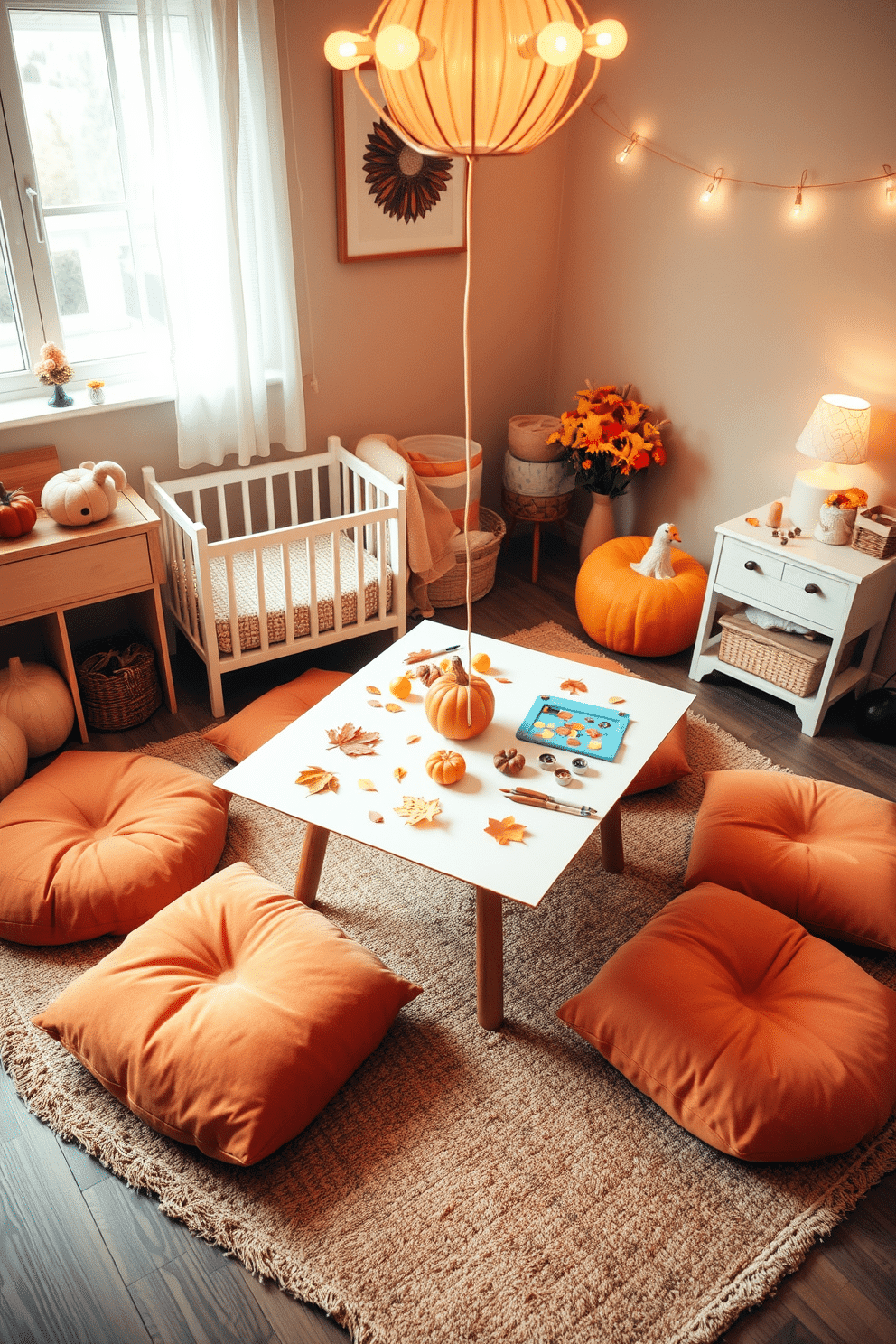 A charming nursery space designed for Thanksgiving celebrations. The centerpiece is a craft paper table adorned with colorful autumn-themed decorations and art supplies for creative play. Surrounding the table, there are cozy floor cushions in warm hues, inviting children to sit and engage in festive activities. Soft, ambient lighting creates a welcoming atmosphere, enhancing the playful spirit of the room.