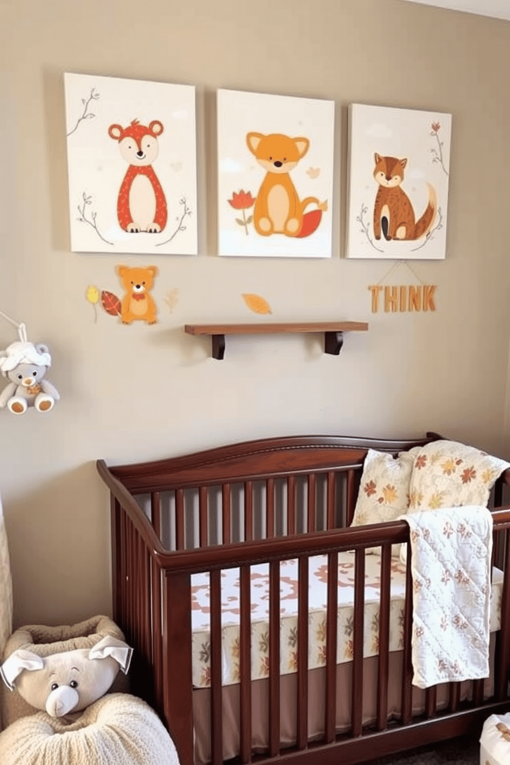 A cozy nursery decorated for Thanksgiving features nature-inspired wall art showcasing adorable animals in warm autumn colors. Soft, plush toys and a gentle color palette create a serene atmosphere, while a wooden crib is adorned with seasonal bedding.