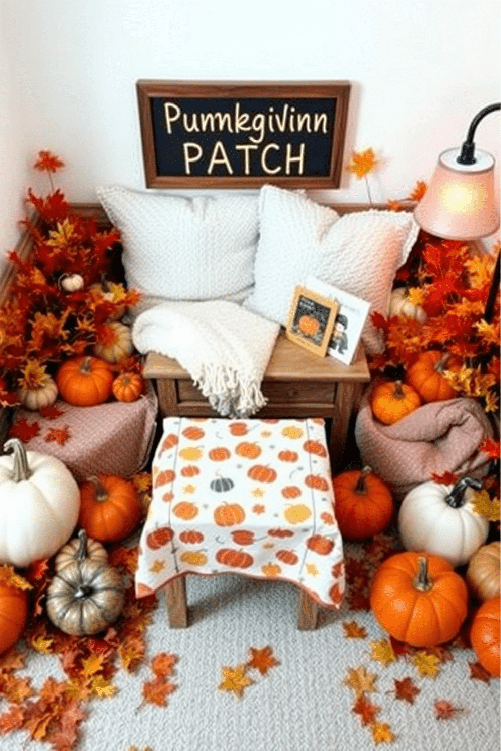 Create a cozy pumpkin patch corner nook filled with soft blankets and plush pillows. Surround the area with decorative pumpkins of various sizes and colors, along with autumn leaves scattered on the floor. Incorporate a small wooden table adorned with a festive tablecloth featuring fall patterns. Add a few children’s books and a warm lamp to create a welcoming atmosphere for Thanksgiving nursery decorating ideas.