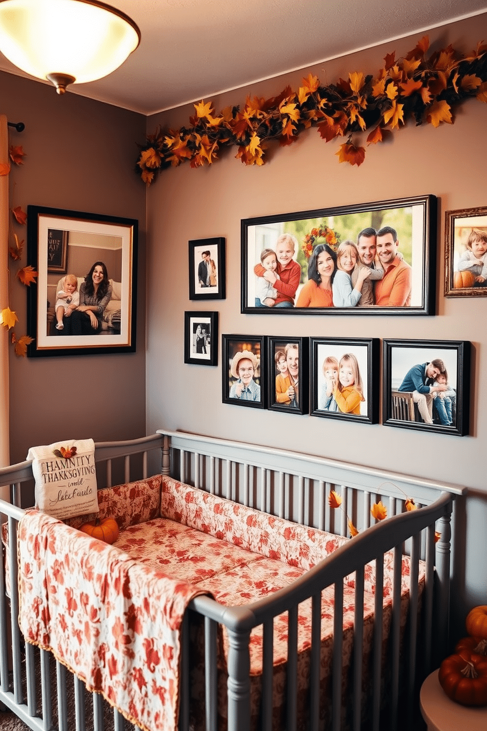 A cozy Thanksgiving nursery decorated with warm autumn colors. The walls are adorned with framed family photos capturing joyful Thanksgiving moments, creating a personal touch. A charming display of seasonal decorations featuring pumpkins and fall leaves. Soft lighting enhances the warmth of the space, inviting family gatherings and celebrations.