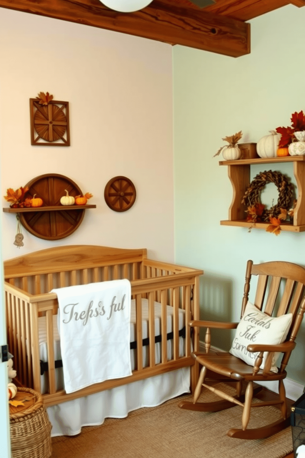 A cozy nursery filled with rustic wooden accents creates a warm and inviting atmosphere. The walls are adorned with soft pastel colors, and a wooden crib stands prominently in the center of the room. Decorative elements include a handwoven rug and a wooden rocking chair nestled in the corner. Seasonal Thanksgiving decorations, such as small pumpkins and autumn leaves, are tastefully arranged on shelves, enhancing the festive feel.