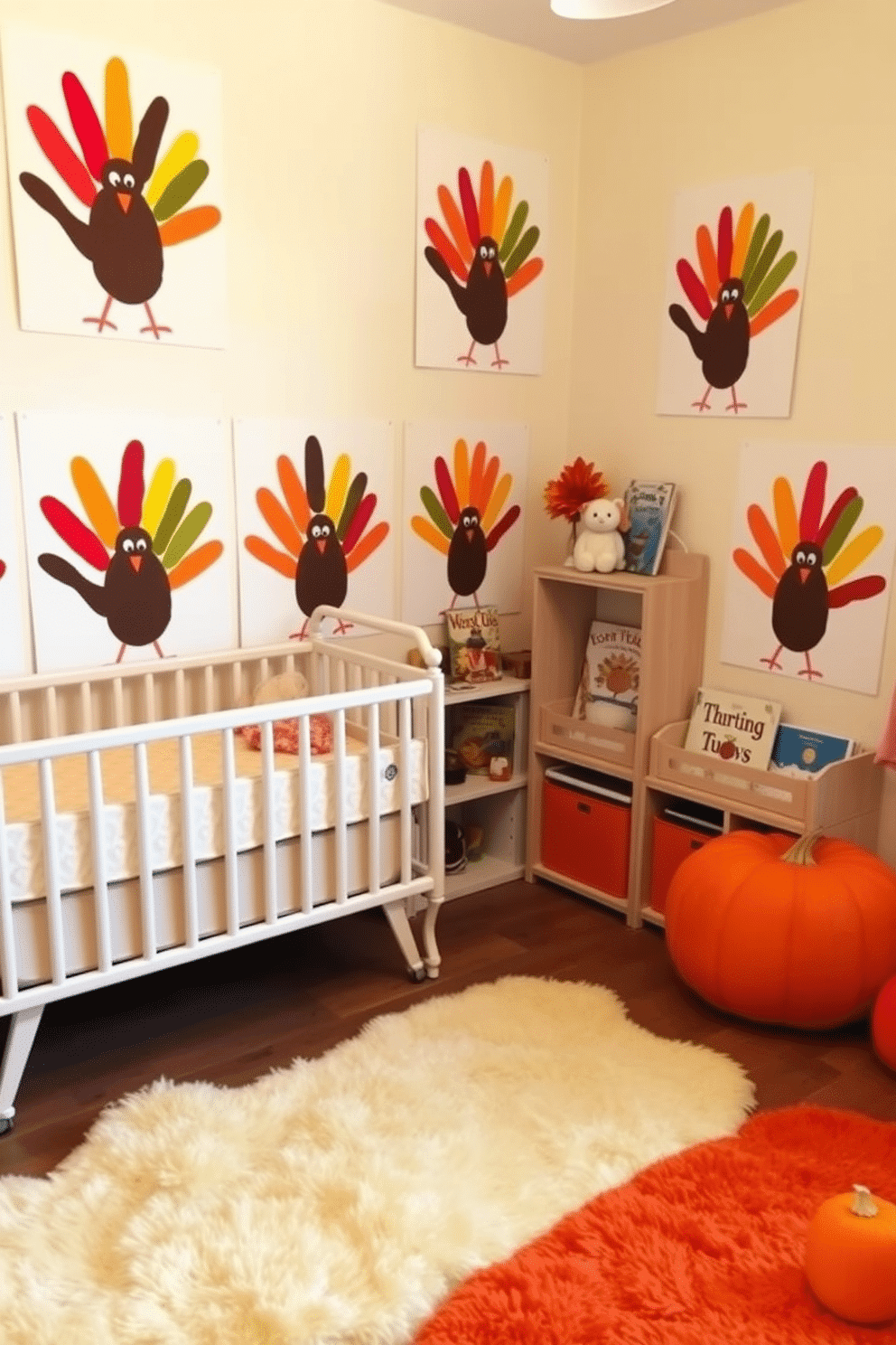 A playful Thanksgiving nursery decorated with colorful turkey handprint art. The walls are adorned with cheerful prints of hand-drawn turkeys in vibrant autumn colors, creating a festive atmosphere. Soft, plush rugs in warm shades of orange and yellow cover the floor, inviting little ones to sit and play. A cozy reading nook features a small bookshelf filled with holiday-themed storybooks, perfect for snuggling up during the season.