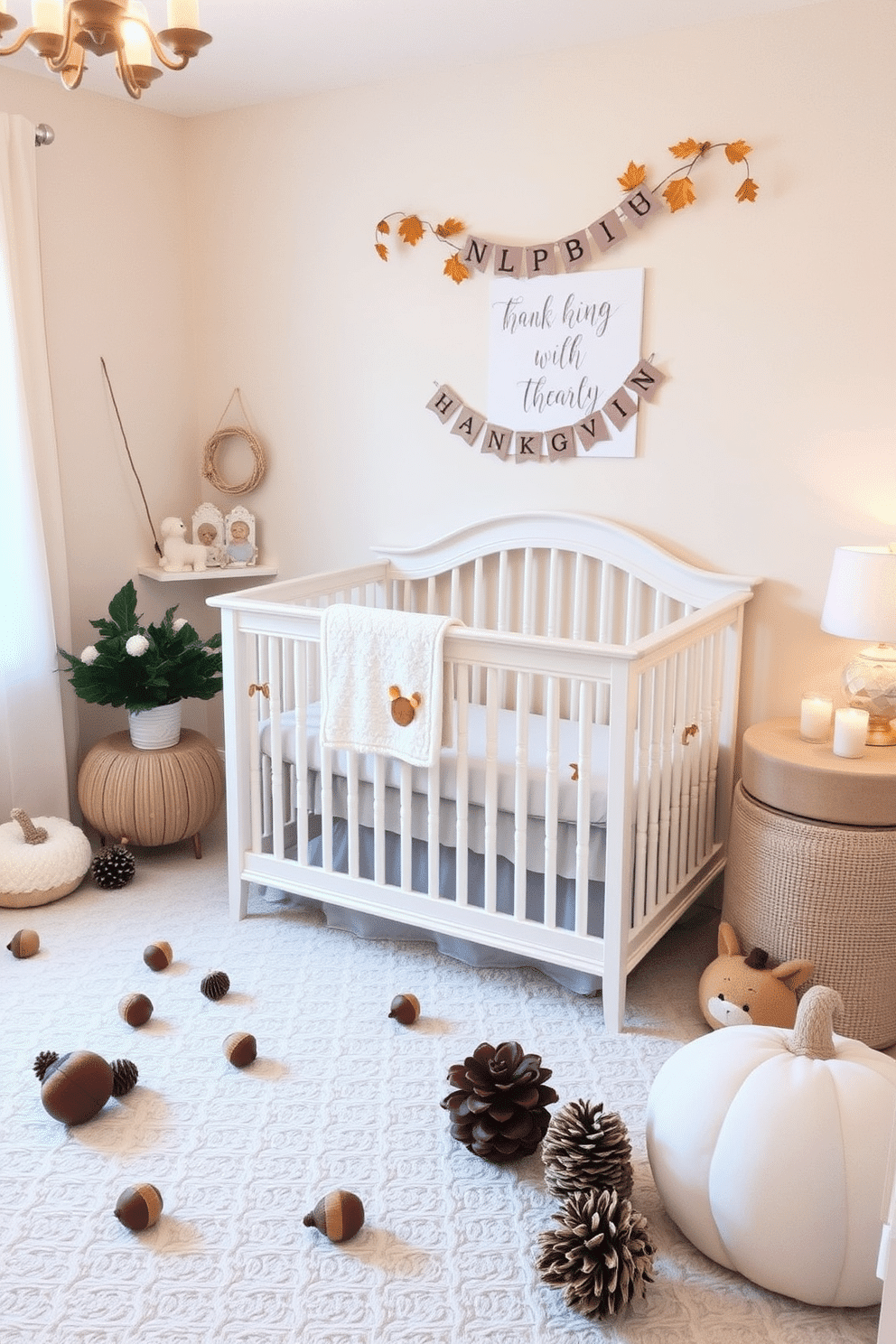 A cozy nursery decorated for Thanksgiving. Plush acorns and pinecones are scattered throughout the room, adding a warm and festive touch to the soft pastel color scheme.