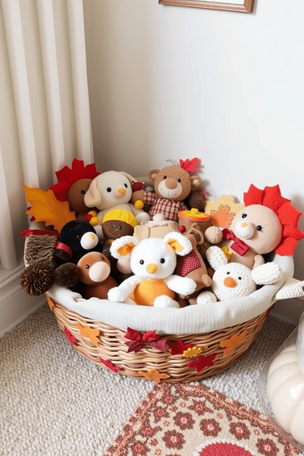 A cozy nursery filled with seasonal toys arranged in a decorative bin. The bin is woven from natural fibers and features warm autumn colors, enhancing the Thanksgiving theme.