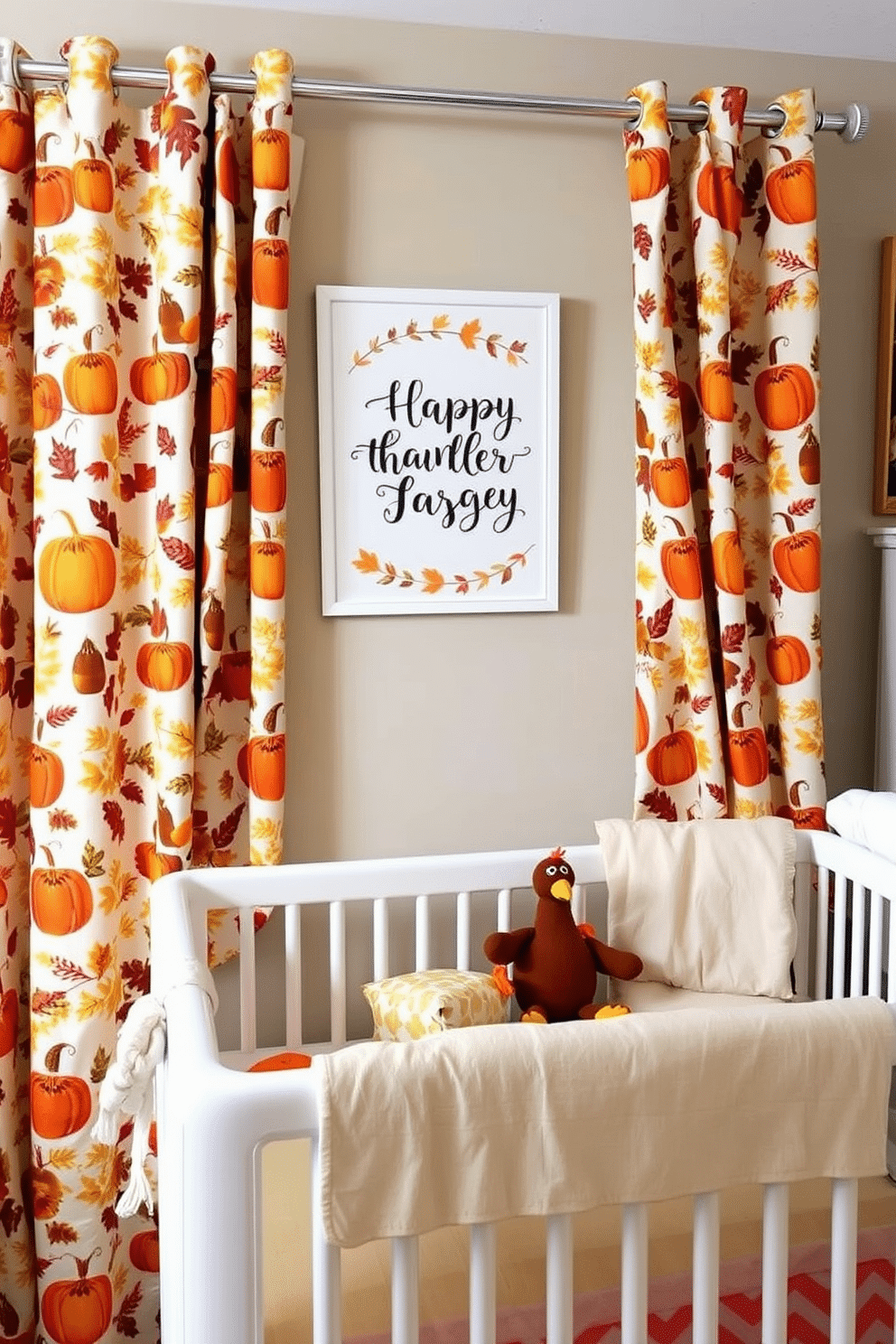 Thanksgiving themed fabric for curtains featuring warm autumn colors such as deep oranges, rich browns, and golden yellows. The fabric showcases a pattern of pumpkins, leaves, and acorns, creating a cozy and festive atmosphere. Thanksgiving nursery decorating ideas that incorporate soft, pastel colors with subtle autumn motifs. Adorn the space with plush toys in the shape of turkeys and pumpkins, along with wall art that celebrates the season's themes of gratitude and family.