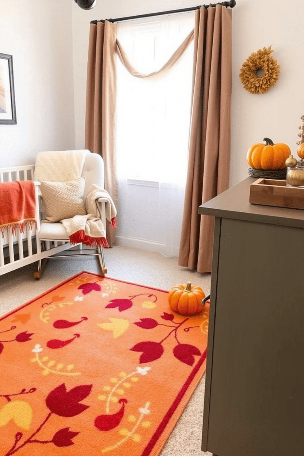 A charming autumn-themed area rug features warm hues of orange, yellow, and deep red, adorned with whimsical leaf patterns. This cozy addition creates a welcoming atmosphere in the nursery, perfect for celebrating the season. Thanksgiving nursery decorating ideas include soft blankets in earthy tones draped over a rocking chair, complemented by plush pillows. A small pumpkin centerpiece on the dresser adds a festive touch, enhancing the overall autumn vibe.