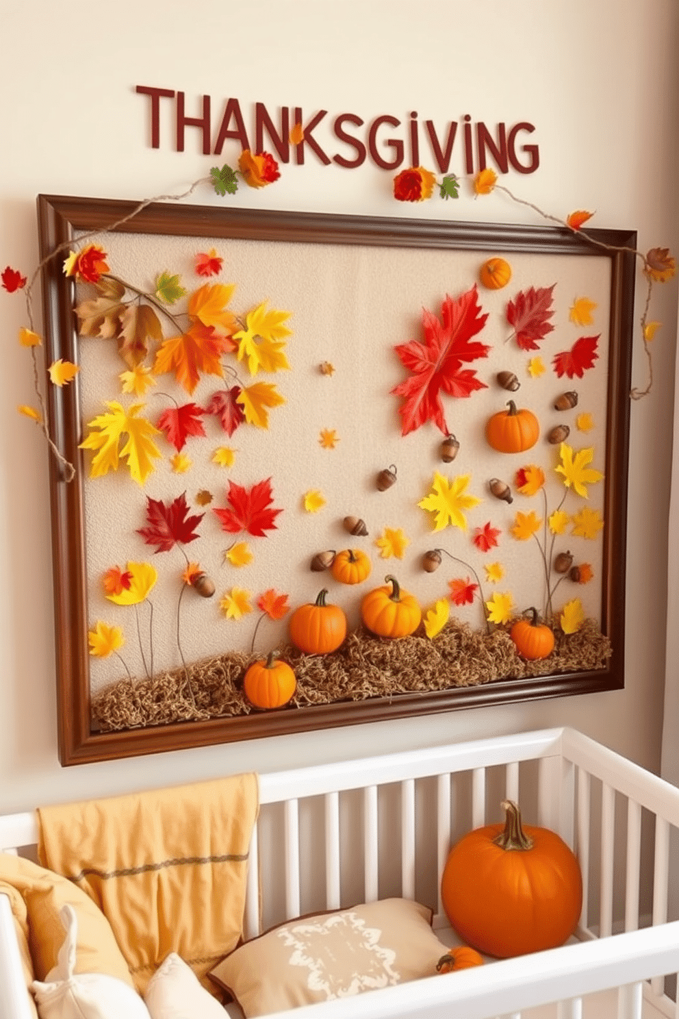 A cozy nursery decorated for Thanksgiving features an interactive sensory board adorned with various fall items such as colorful leaves, miniature pumpkins, and acorns. The board is mounted at a child's height, encouraging exploration and tactile engagement while surrounded by soft, warm colors that create a nurturing atmosphere.