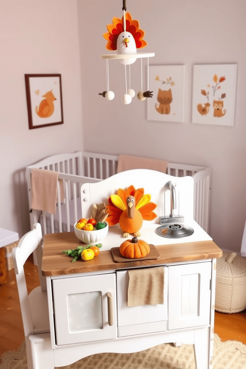 A charming play kitchen set for Thanksgiving. The accessories include a miniature wooden turkey, colorful felt vegetables, and a small pumpkin pie, all arranged on a rustic wooden table. A cozy nursery decorated for Thanksgiving. Soft pastel colors dominate the room, with a plush turkey-themed mobile hanging above the crib and autumn-inspired wall art featuring gentle woodland animals.