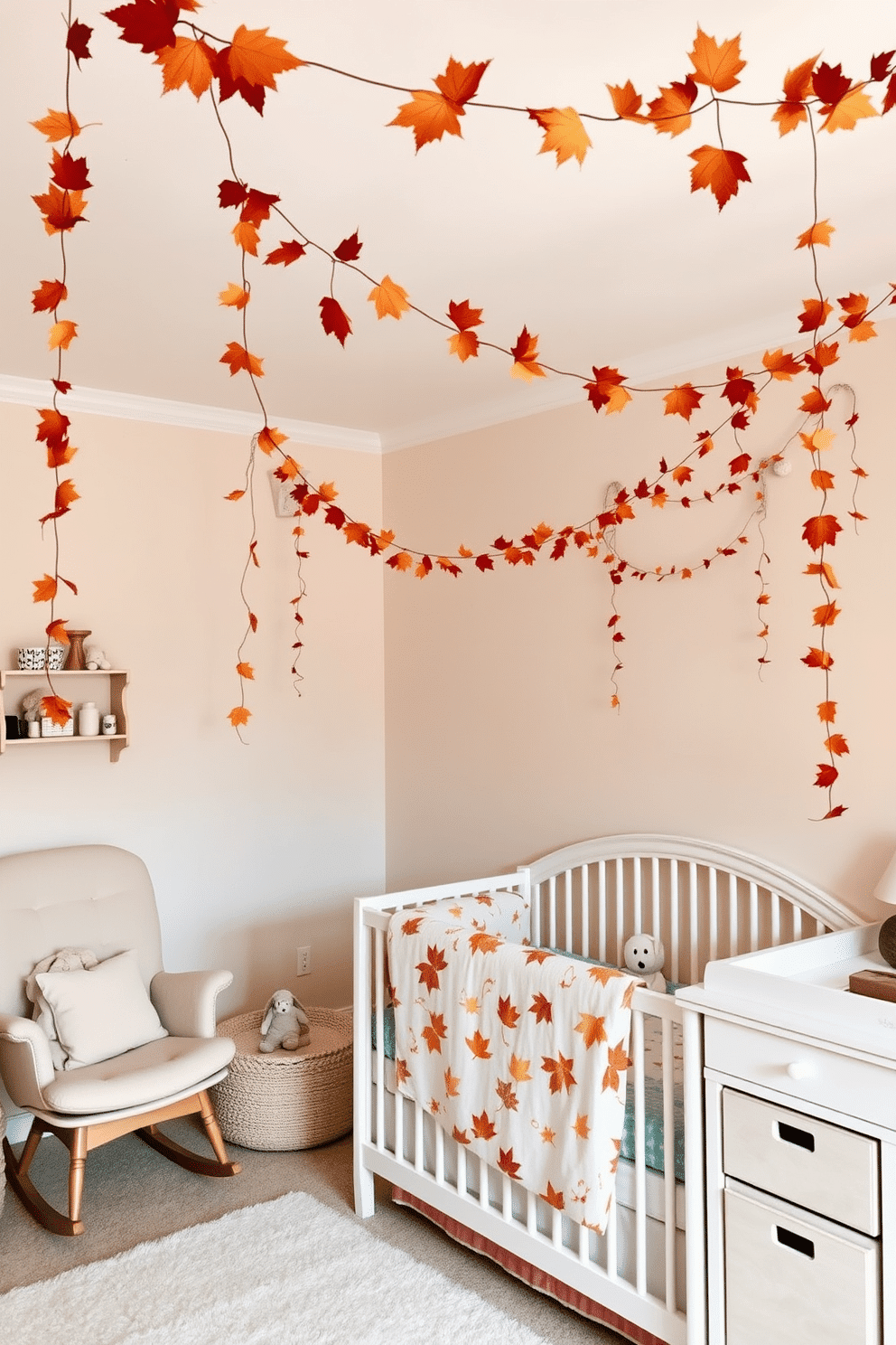 A cozy nursery adorned with autumn leaf garlands that drape gracefully across the ceiling. Soft pastel colors fill the room, complemented by plush toys and a comfortable rocking chair in the corner. The walls are painted in a warm cream tone, creating a soothing atmosphere for the baby. A changing table with decorative storage bins is positioned next to a crib, which is dressed in seasonal bedding featuring fall motifs.