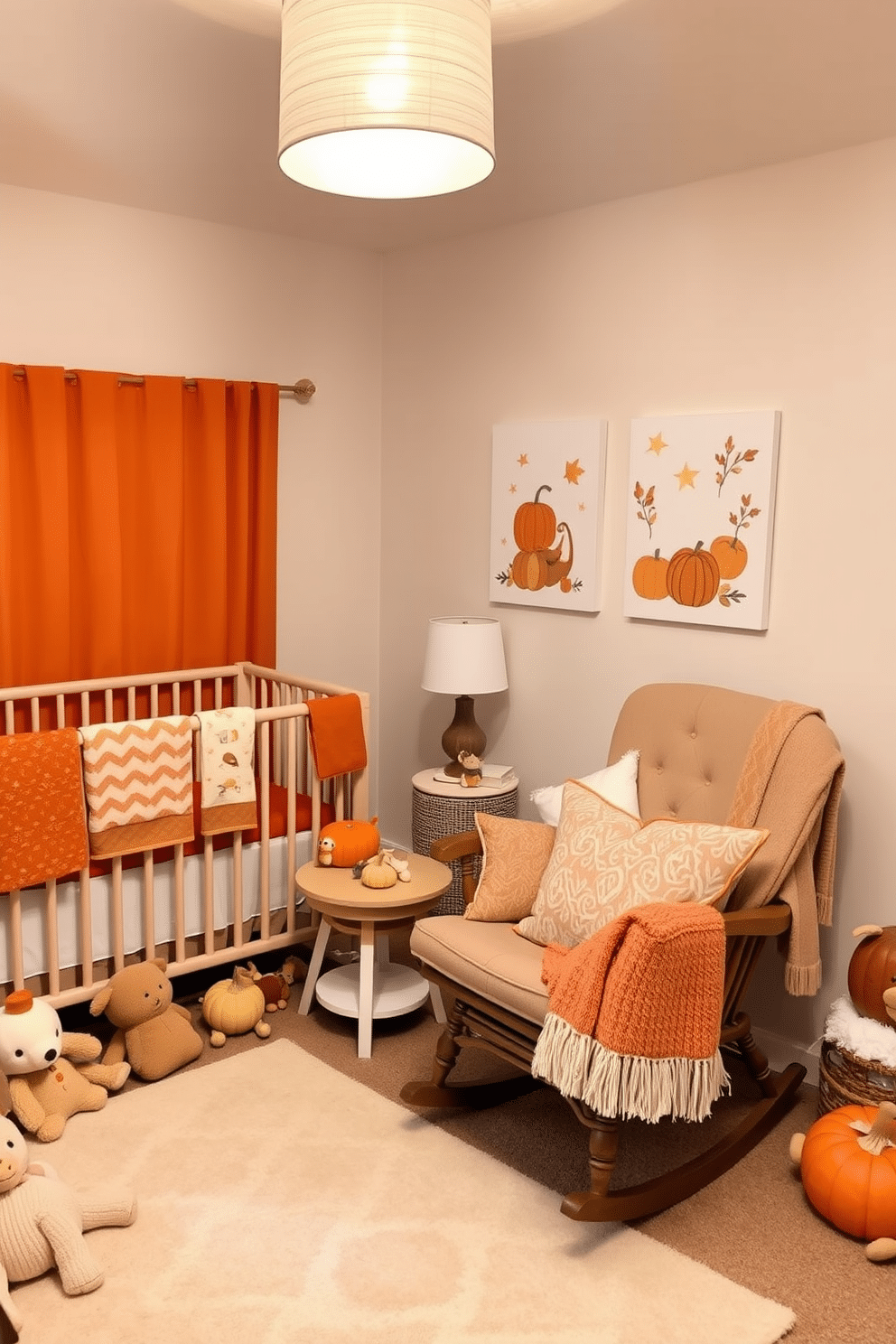 A cozy nursery filled with warm colors featuring shades of orange and brown. Soft blankets and plush toys are scattered around, creating a welcoming atmosphere for a baby. The walls are adorned with whimsical artwork depicting autumn themes, enhancing the Thanksgiving spirit. A comfortable rocking chair sits in the corner, surrounded by decorative cushions and a small side table for convenience.