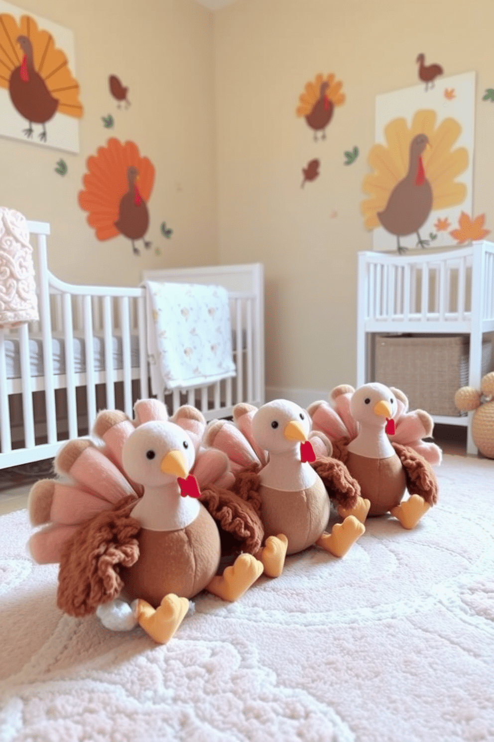 Cute turkey plush toys are placed on a soft pastel-colored rug in a cozy nursery. The walls are adorned with whimsical turkey-themed artwork, creating a festive and inviting atmosphere for Thanksgiving.