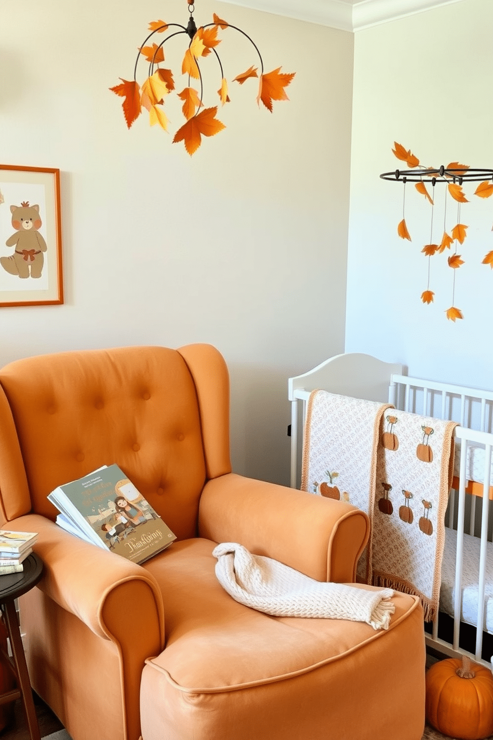 A cozy Thanksgiving storybook reading area features a plush oversized armchair in warm autumnal colors. A small wooden side table holds a stack of classic children's books, and a soft knitted blanket drapes over the armrest. The Thanksgiving nursery is adorned with gentle pastel tones and whimsical decorations. A crib with a hand-stitched quilt sits against a wall, while a mobile of autumn leaves gently sways above.