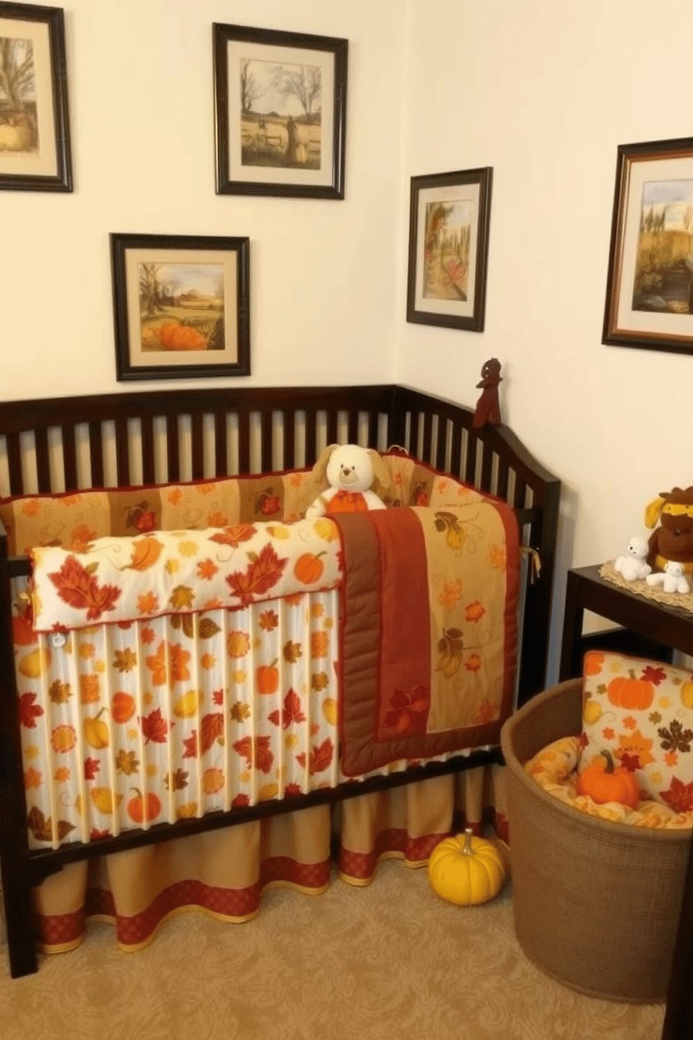 A cozy nursery decorated for Thanksgiving with harvest-themed bedding for cribs. The bedding features warm tones of orange, yellow, and brown with patterns of pumpkins and leaves, creating a festive atmosphere. Soft plush toys in autumn colors are arranged around the crib, adding a playful touch. The walls are painted a gentle cream, accented with framed artwork of fall scenes to enhance the seasonal theme.