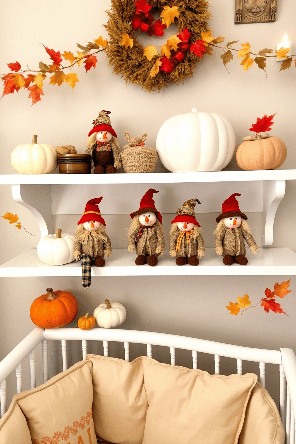 A cozy nursery decorated for Thanksgiving features shelves adorned with charming miniature scarecrows. These scarecrows, dressed in colorful fabric, bring a festive touch to the space while surrounded by soft autumn-themed decor.